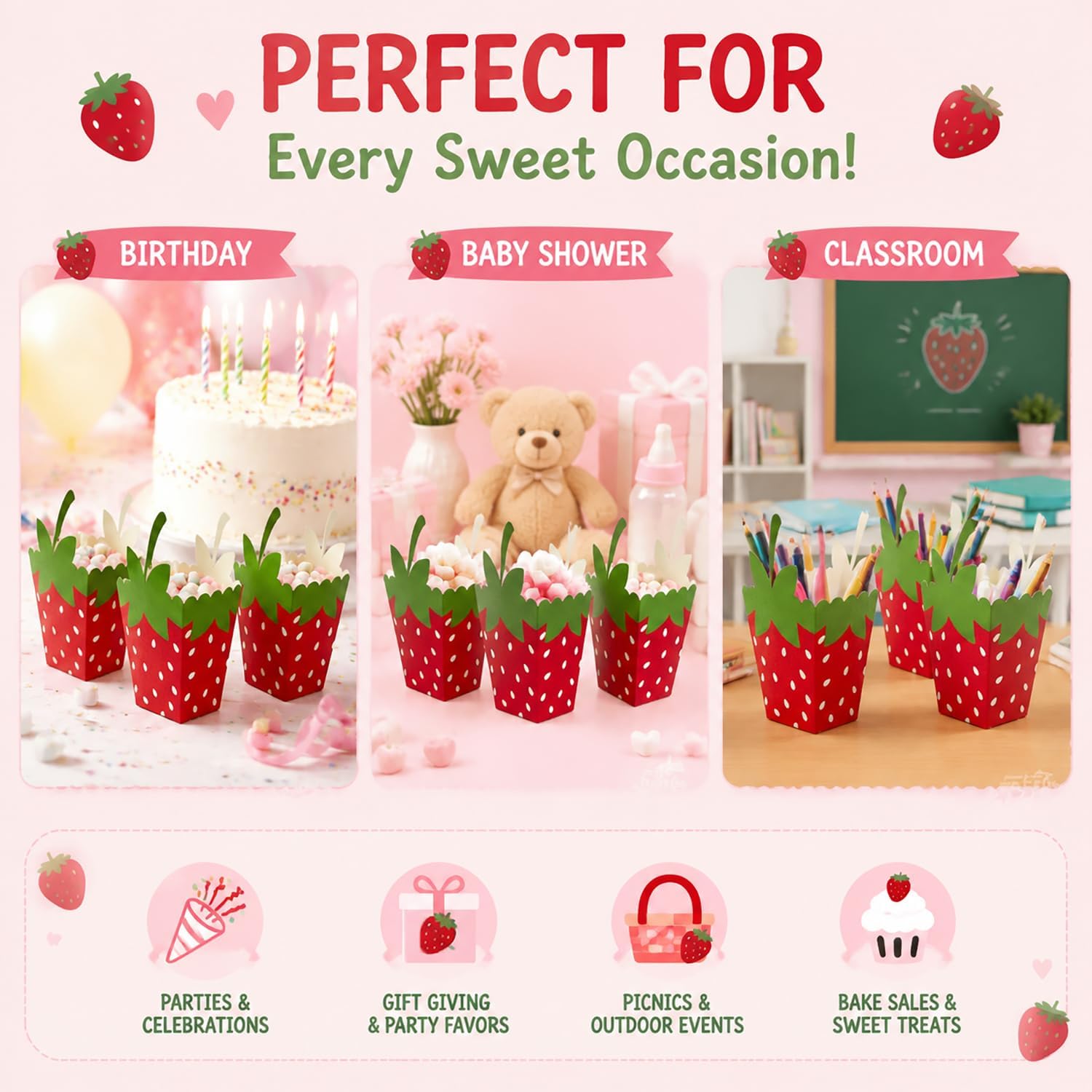 ata 30pcs Popcorn Bags, Candy Boxes for Strawberry Birthday Decorations, Sweet One 1st Birthday Party Favors