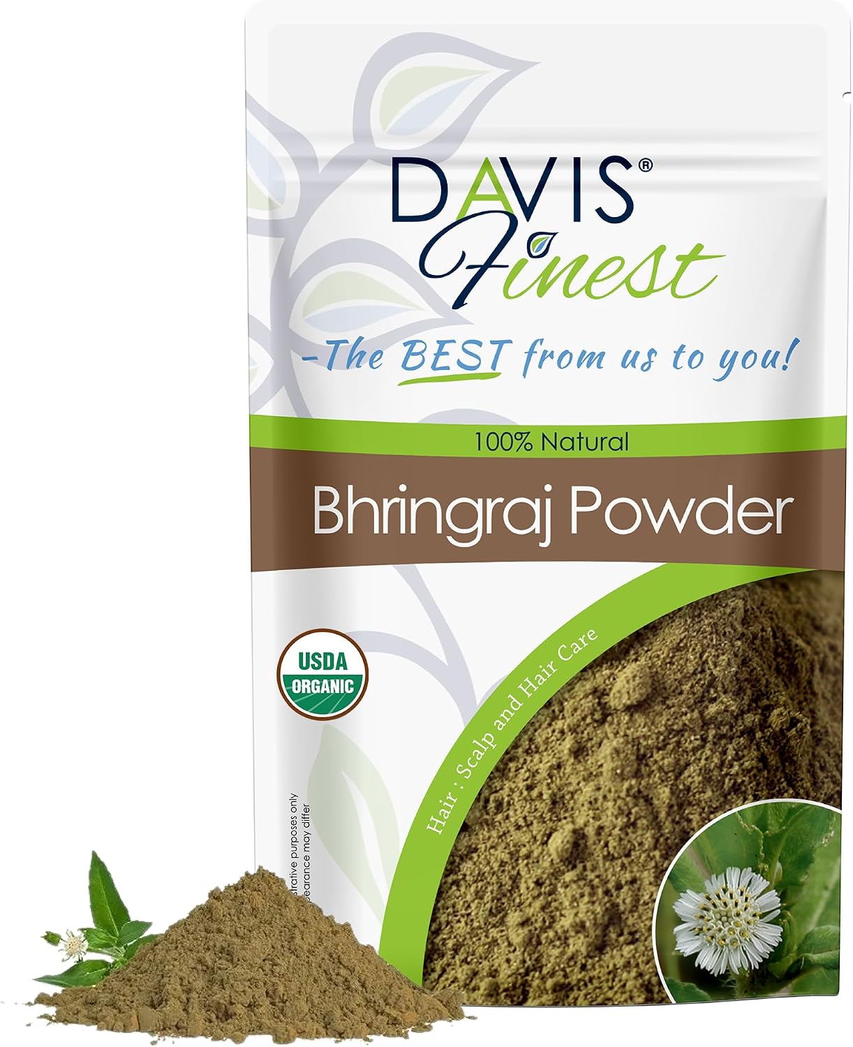 Davis Finest Organic Bhringraj Powder 250g, 100% Pure Natural Ayurvedic Hair Mask Prevents Hair Loss, Hair Fall, Split Ends, Damaged Thinning Hair, Promotes Hair Growth, Beautiful Shine Hair