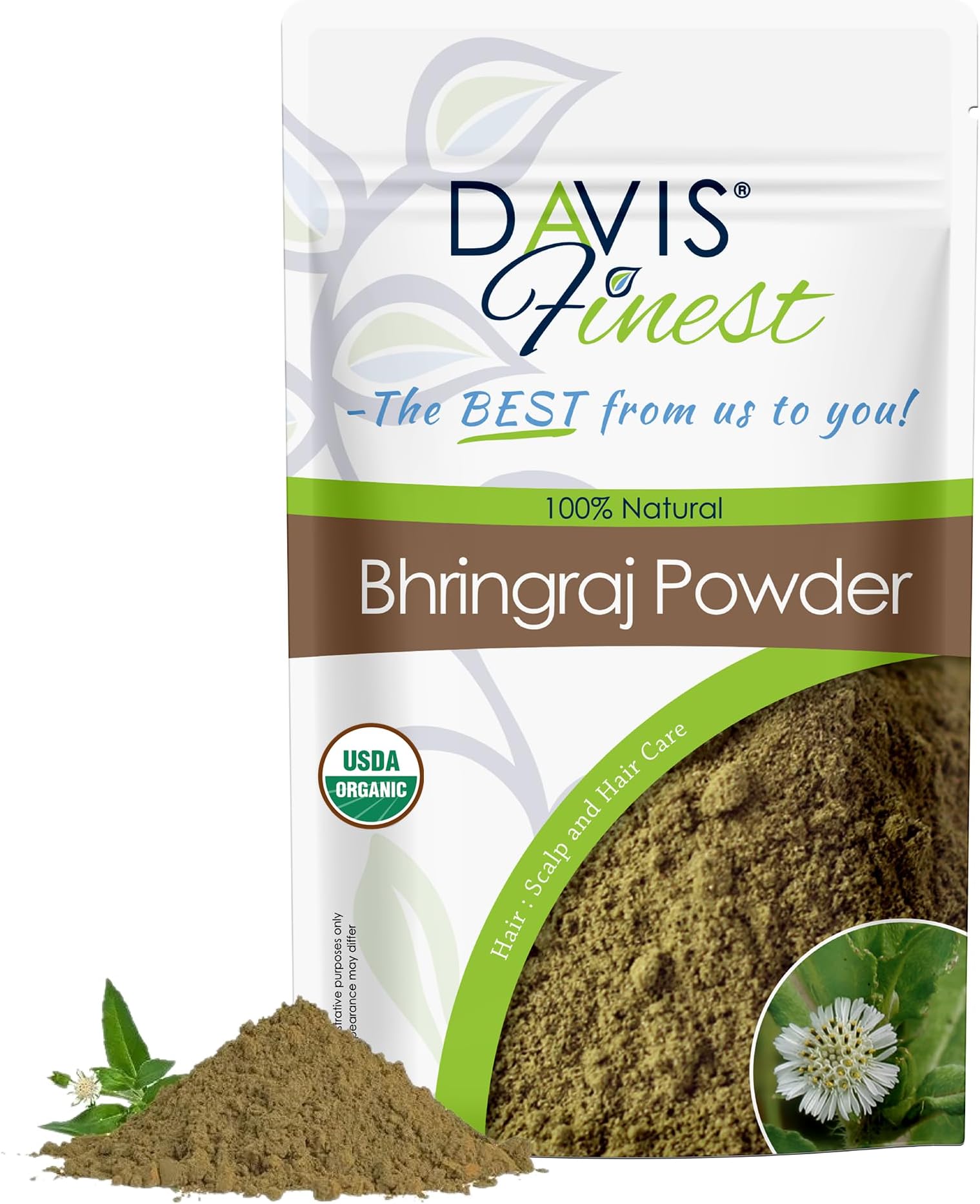 Davis Finest Organic Bhringraj Powder 250g, 100% Pure Natural Ayurvedic Hair Mask Prevents Hair Loss, Hair Fall, Split Ends, Damaged Thinning Hair, Promotes Hair Growth, Beautiful Shine Hair