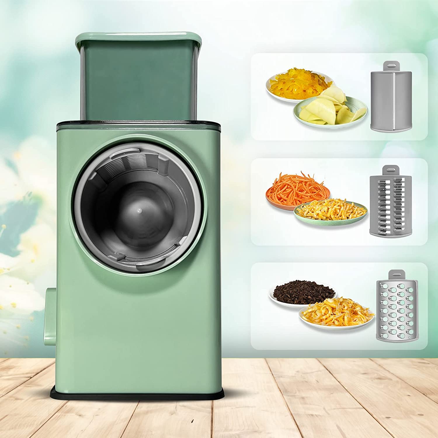 Qebham Rotary Vegetable Slicer - Round Mandoline Slicer, Grater, Shredder Salad Maker - Large Feed Port - Suction Base - Cutter for Vegetable, Fruit, Cookie, Oreo, Nuts