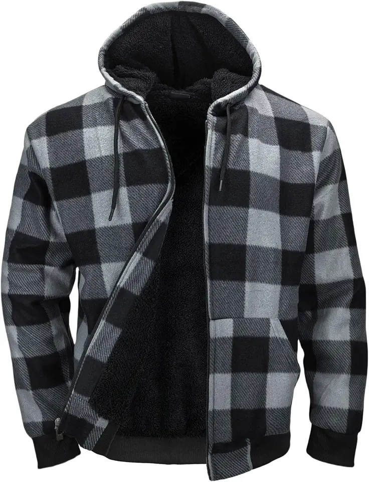 Moletom masculino forrado com lã de ovelha, jaquetas xadrez de flanela com capuz, casacos quentes de inverno, moletom pesado com zíper completo