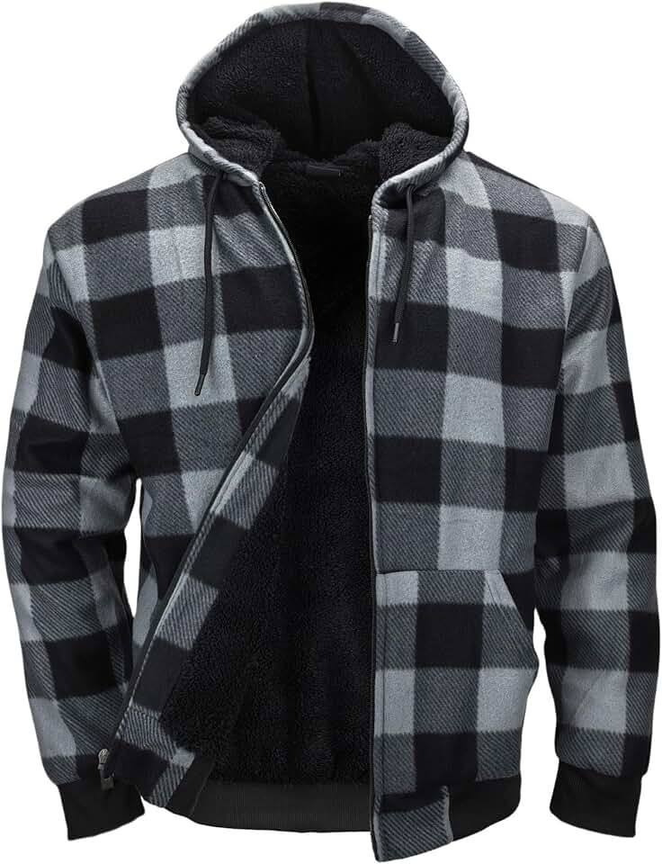 Moletom masculino forrado com lã de ovelha, jaquetas xadrez de flanela com capuz, casacos quentes de inverno, moletom pesado com zíper completo