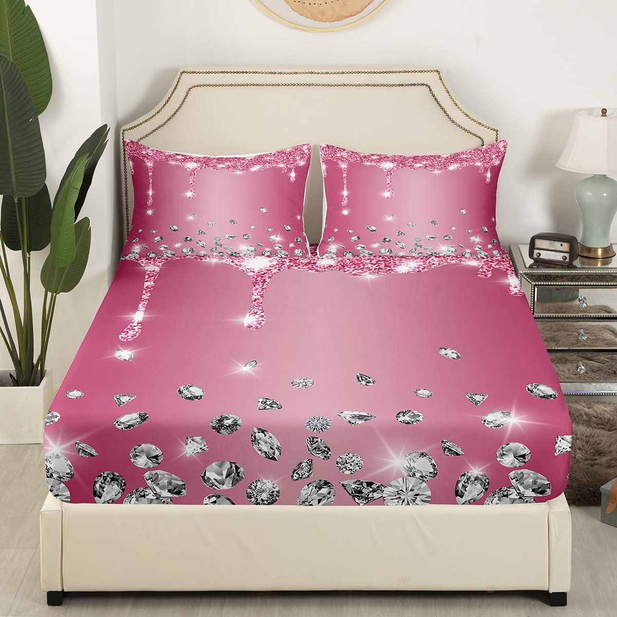 Juego de sábanas de diamantes con purpurina para niños y niñas, sábana bajera ajustable brillante para niños, mujeres y hombres, textura de lujo suave, colorido y moderno, juego de ropa de cama para