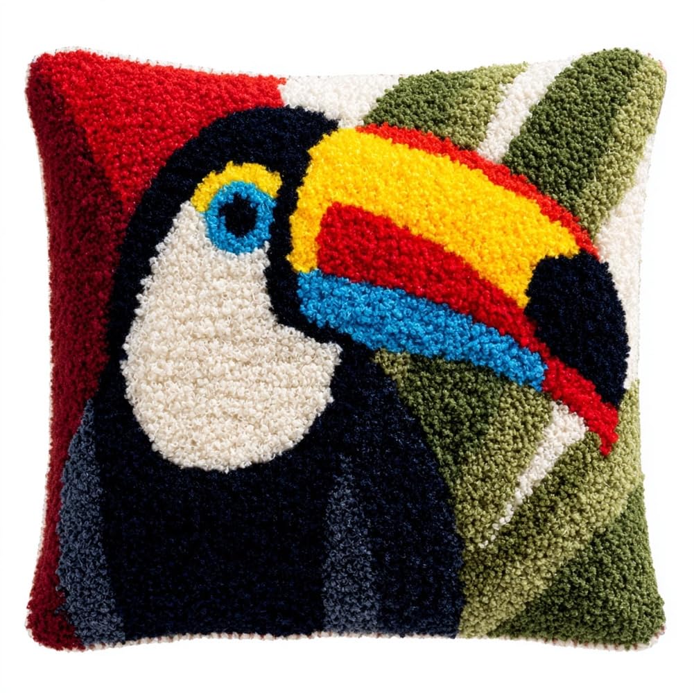 kitphoenix Latch Hook Cushion Kit, Toucan Animal Knitting Kits Cushion, Rug Making Kit for Starters, Latch Hook Kit for Beginners Adults Or Children 43X43Cm/17X17 Inch
