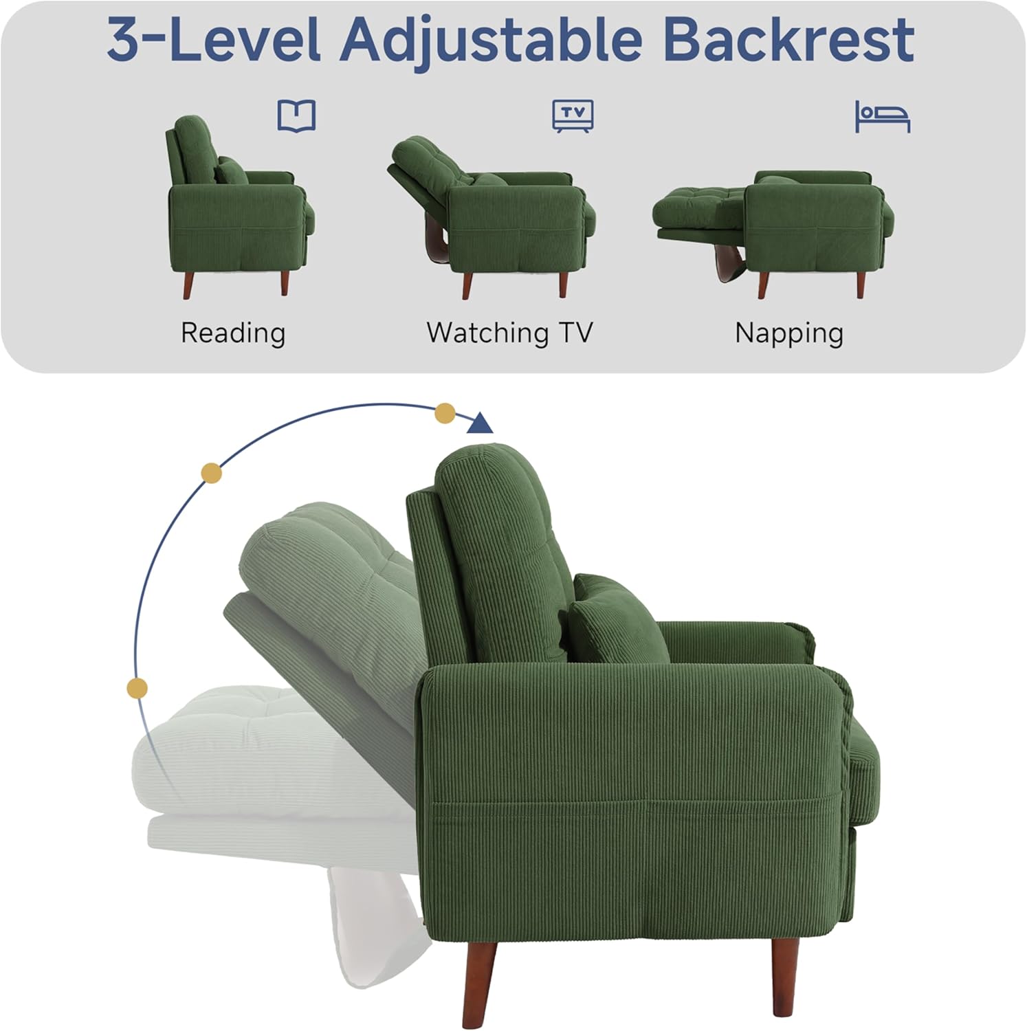 Lumibee Accent Chair with Storage Ottoman, Upholstered Comfy Reading Chair with Adjustable Reclining Backrest, Corduroy Fabric Lounge Chair Armchair for Living Room Bedroom, Green