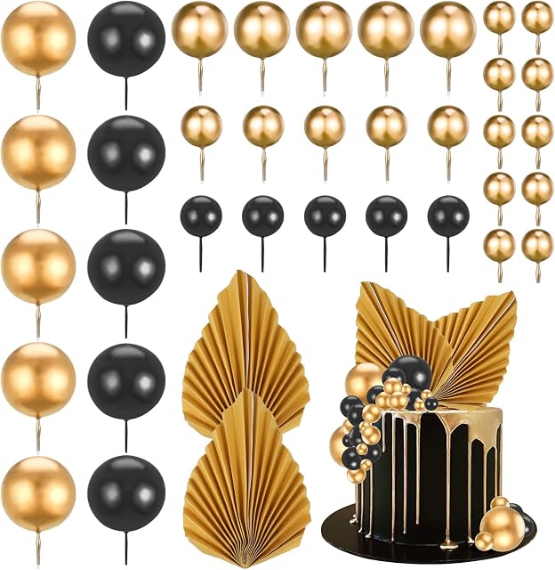 Pinenuts 37 Pcs Balloon Cake Topper, Black and Gold Ball Cake Decorations Mini Foam Balls Cupcake Topper Balloon Cake Picks for Birthday Wedding Anniversary (Black)