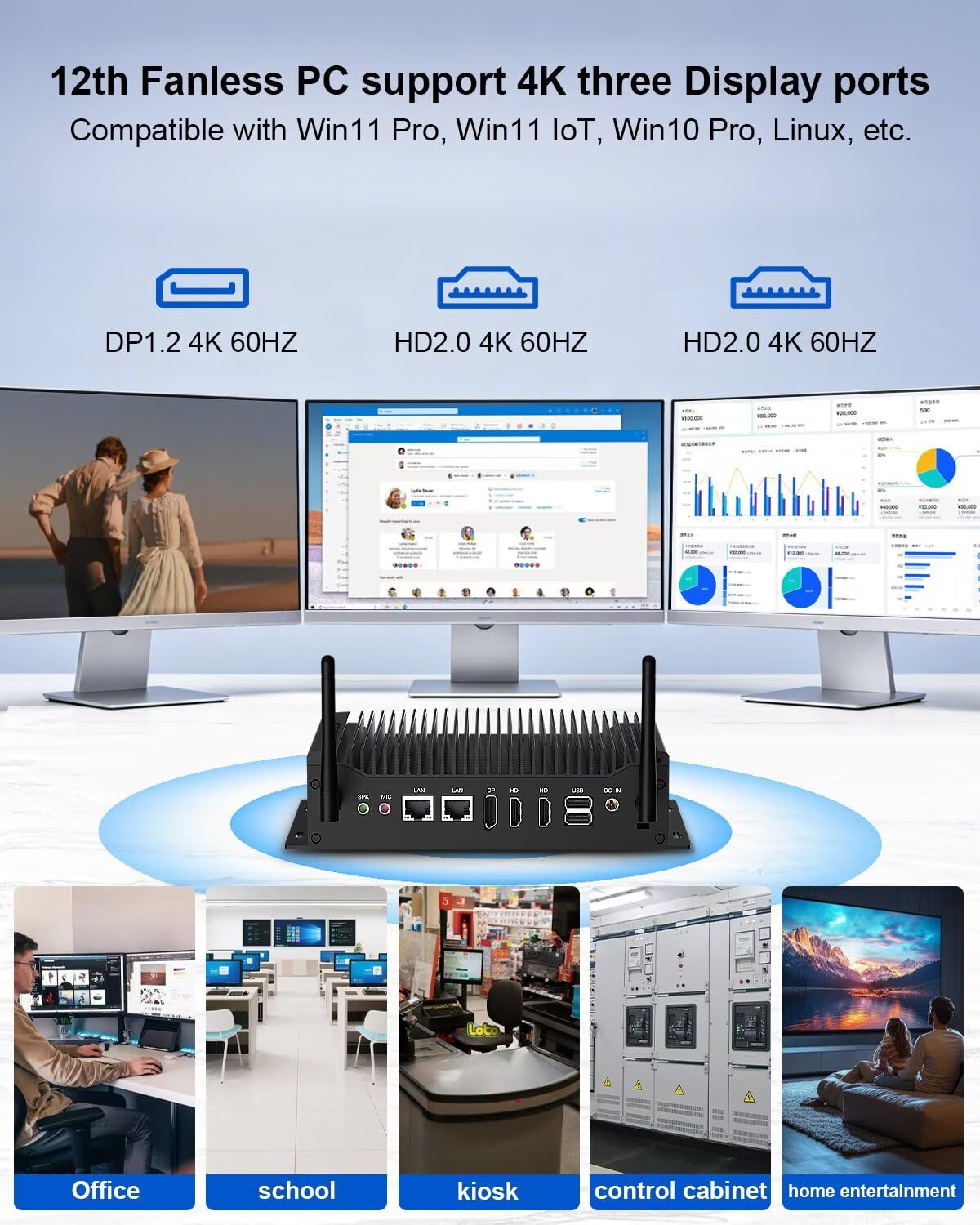 Industrial Mini PC Core i5 1235U, lüfterlos PC I5, 2xCOM, 16GB RAM 256G SSD | 14Pin GPIO, Dual Lan, 2xHD2.0, DP, USB3.0, SIM-Slot, Wifi, BT5.2, Industrie-Computer, Win 11/Linux