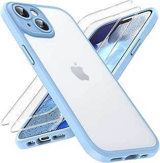 TOCOL for iPhone 15 Case with 2 Pack Screen Protector, [Upgraded Full Camera Protection] [Shockproof Protection] Translucent Matte Hard Back for iPhone 15 Phone Case 6.1 inch, Light Blue