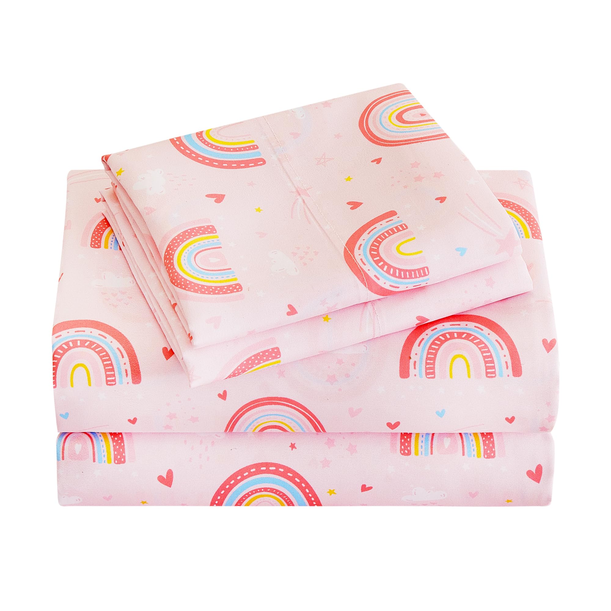 Viviland 3 Pieces Girls Twin Sheets Set Kids, Pink Rainbow Printed Sheets