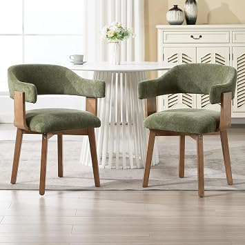 ROCITY Green Dining Chairs Set of 2, Mid Century Modern Kitchen Chairs with Curved Barrel Back and Wooden Legs, Chenille Upholstered Chairs for Dining Room,Living Room