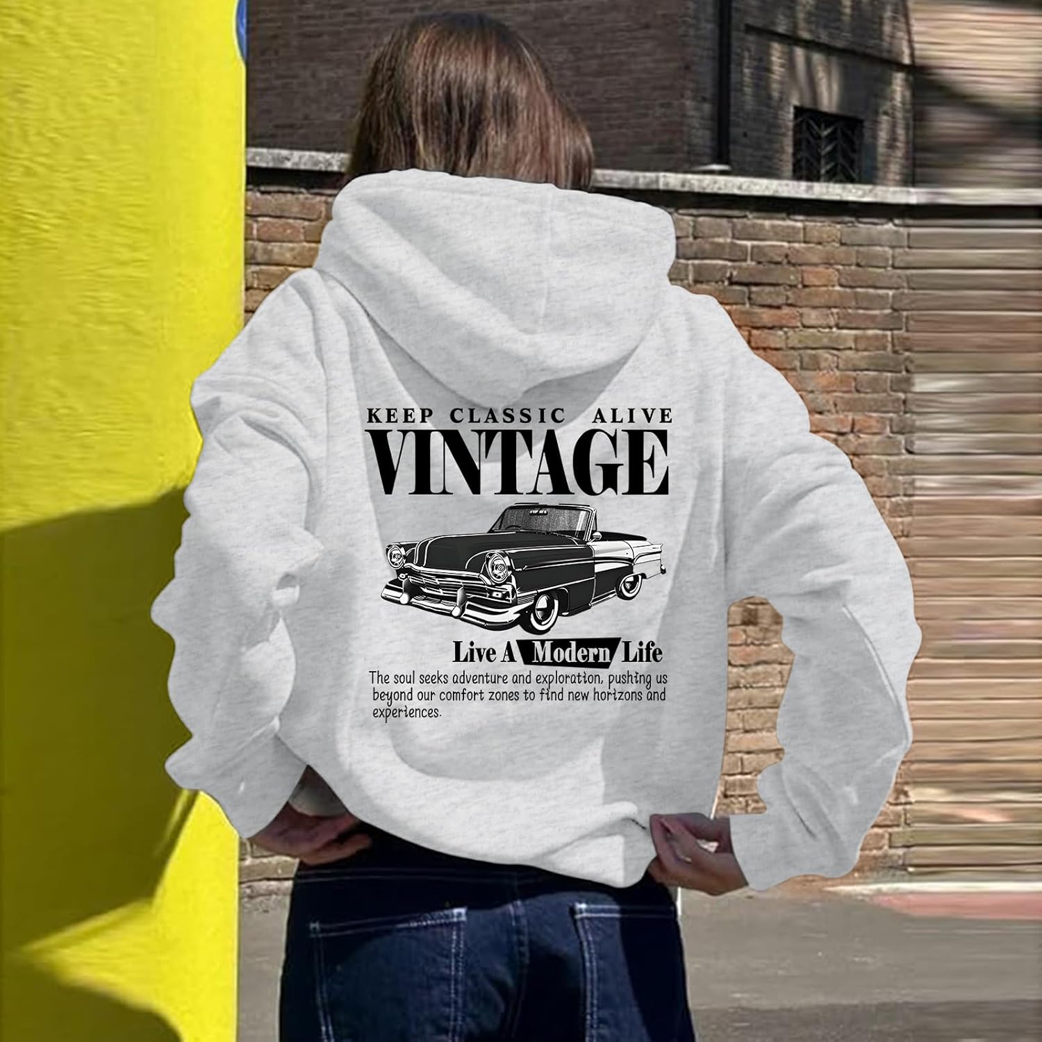 Oversized Graphic Hoodies for Women Vintage Car Letter Printed Hoodie with Pocket Streetwear Fleece Hooded Pullover - Image 2