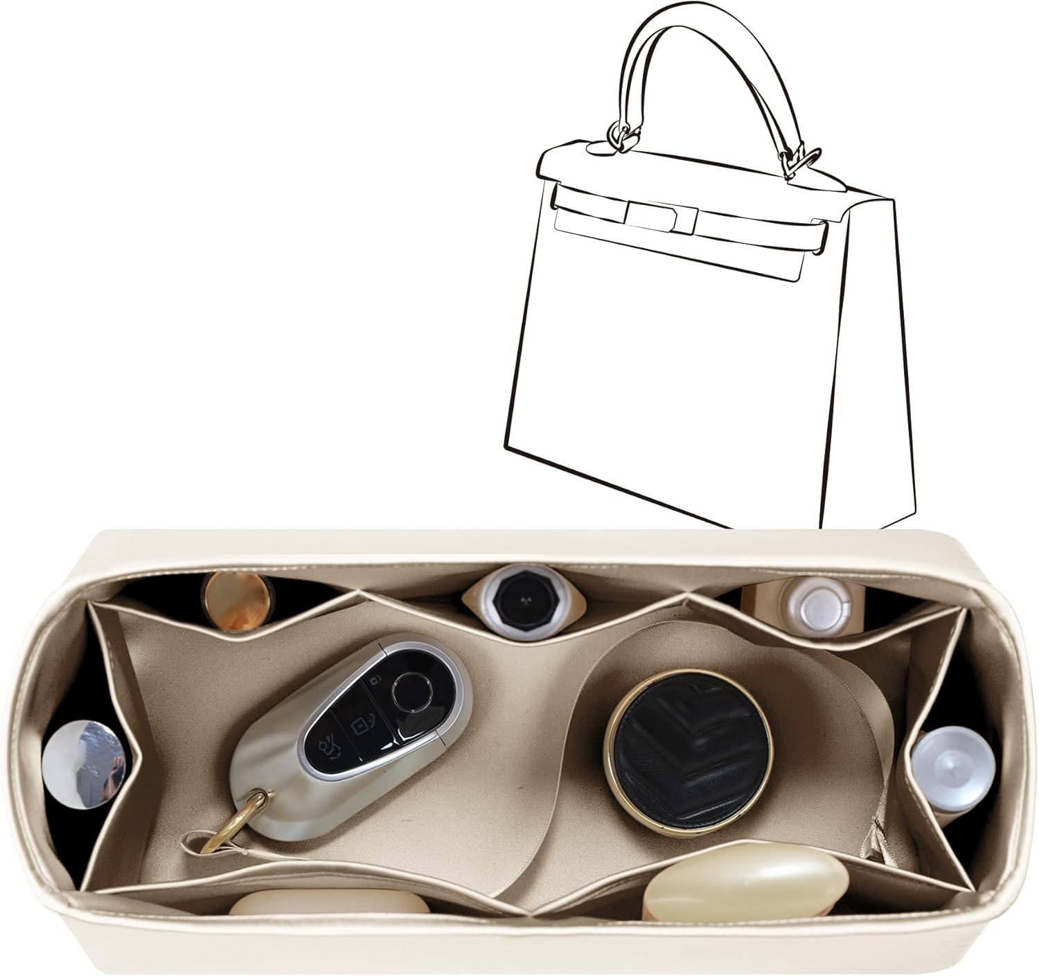 Purse Organizer Insert Silk fabric for Women Handbags&Totebag,Bag Organizer with Zipper Compatible with Kelly (Kelly25 with Zipper,Champagne)