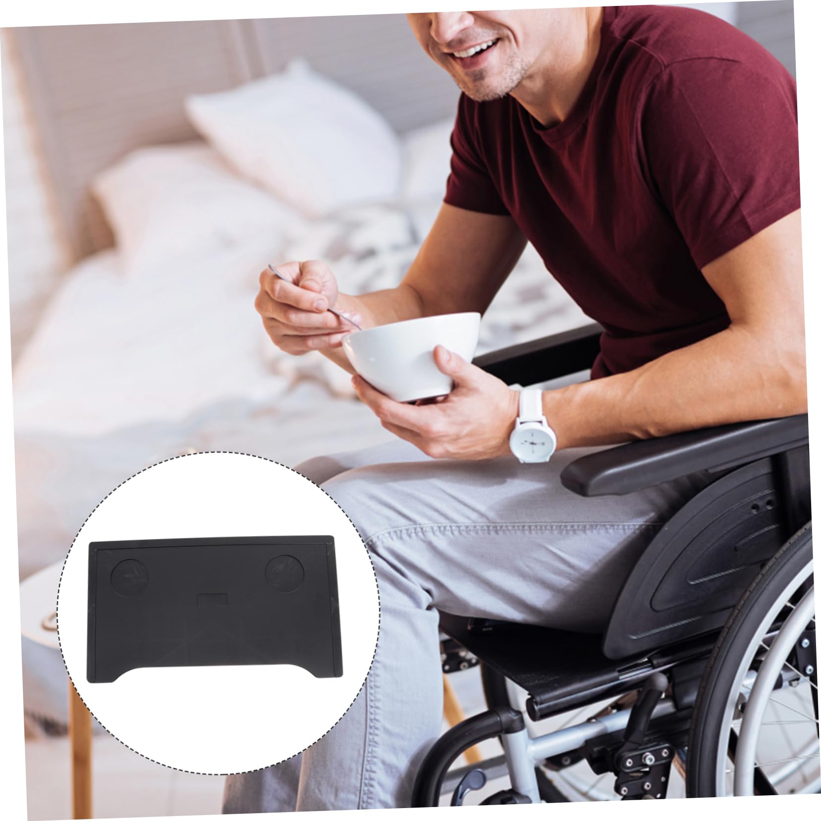Mesa Desmontable Para Silla De Ruedas De Plástico Resistente Con Doble Portavasos Para Mayoría De Sillas Estándar Para Comer Leer y Trabajar Movilidad