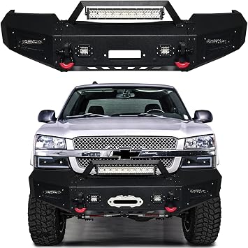 Compatible with 2003-2004-2005-2006 Chevy Silverado 1500 Front Bumper Textured Black Steel with Light and D-ring