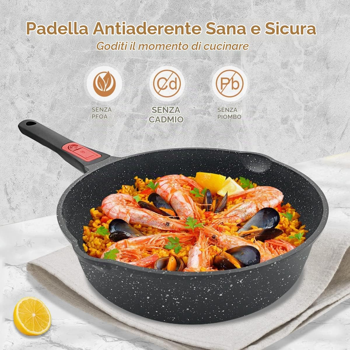 Padella Antiaderente 28cm Aluminium Padelle Professionali con Coperchio per Cucinare, Manico Rimovibile, Tutti Fornelli y induzione, forno sicuro(Nero)