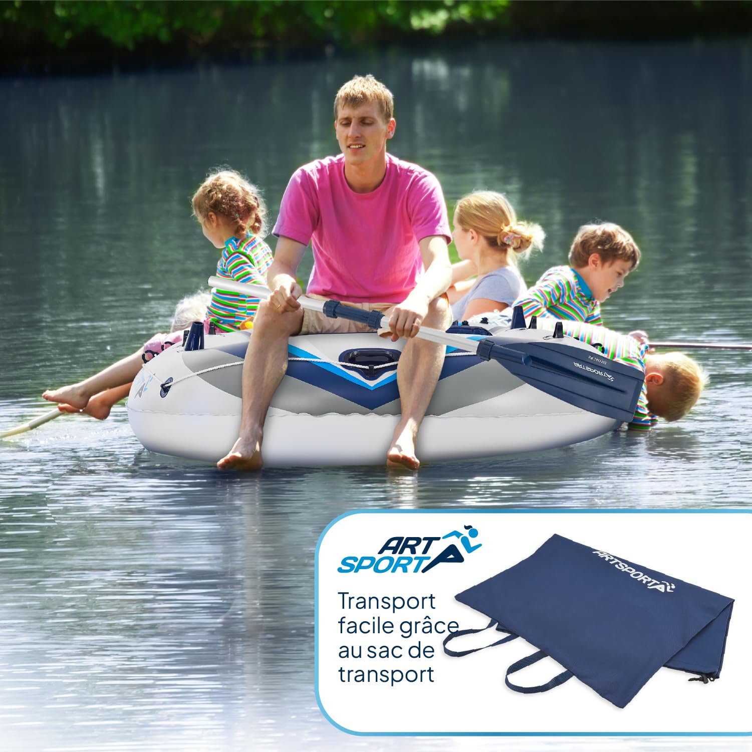 ArtSport Bateau pneumatique 330 cm pour 4 Personnes – Bateau à pagaie Gonflable avec 2 bancs – Bateau à rames en PVC avec Pompe à air, pagaie, Sac et kit de réparation