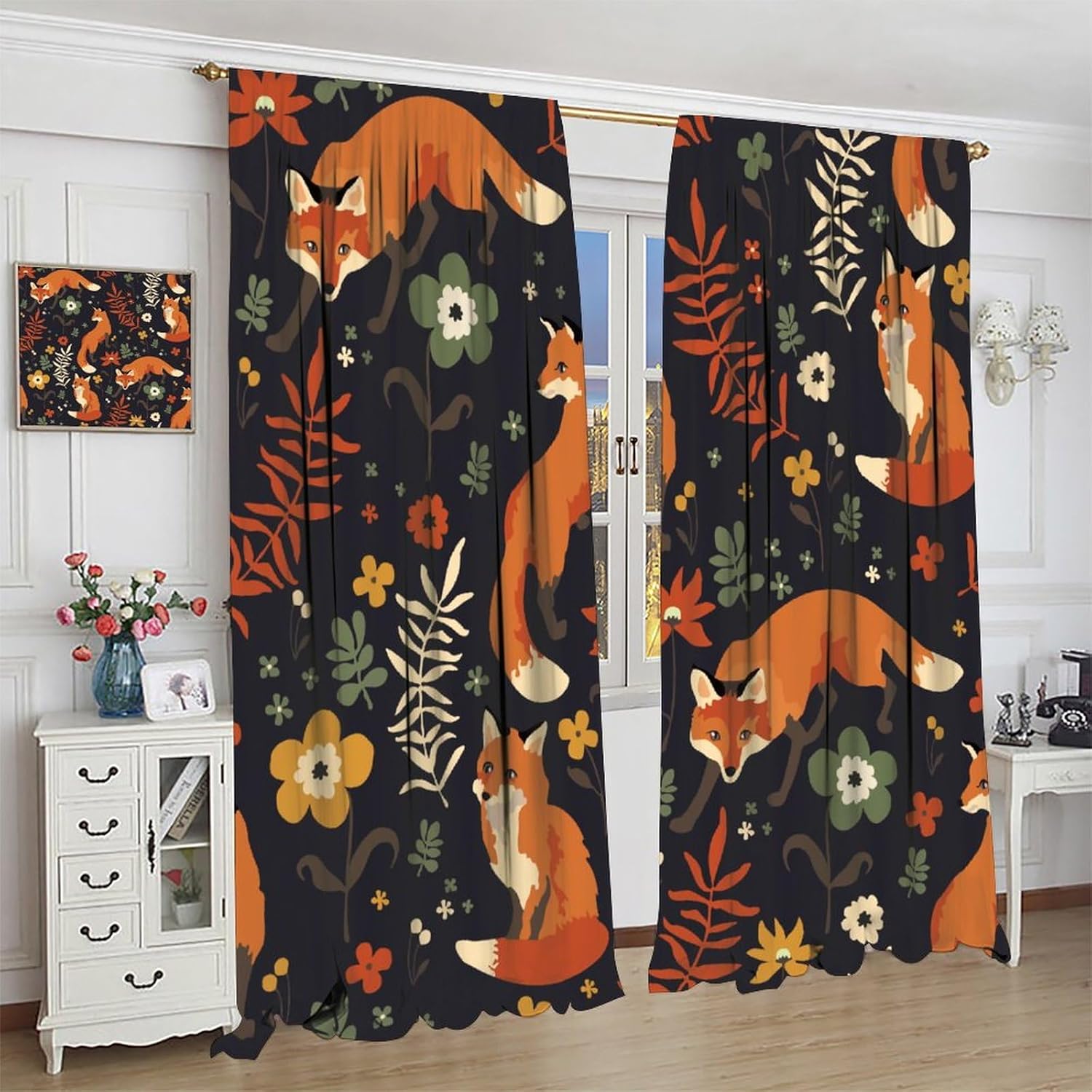 Autumn Fox Curtains Colorful Botanical Floral Leaf Cartoon Cute Animal Fox Orange Art Print for Kids Girls Boys Bedroom Living Room Decor Rod Pocket Blackout Window Drape 42x45in