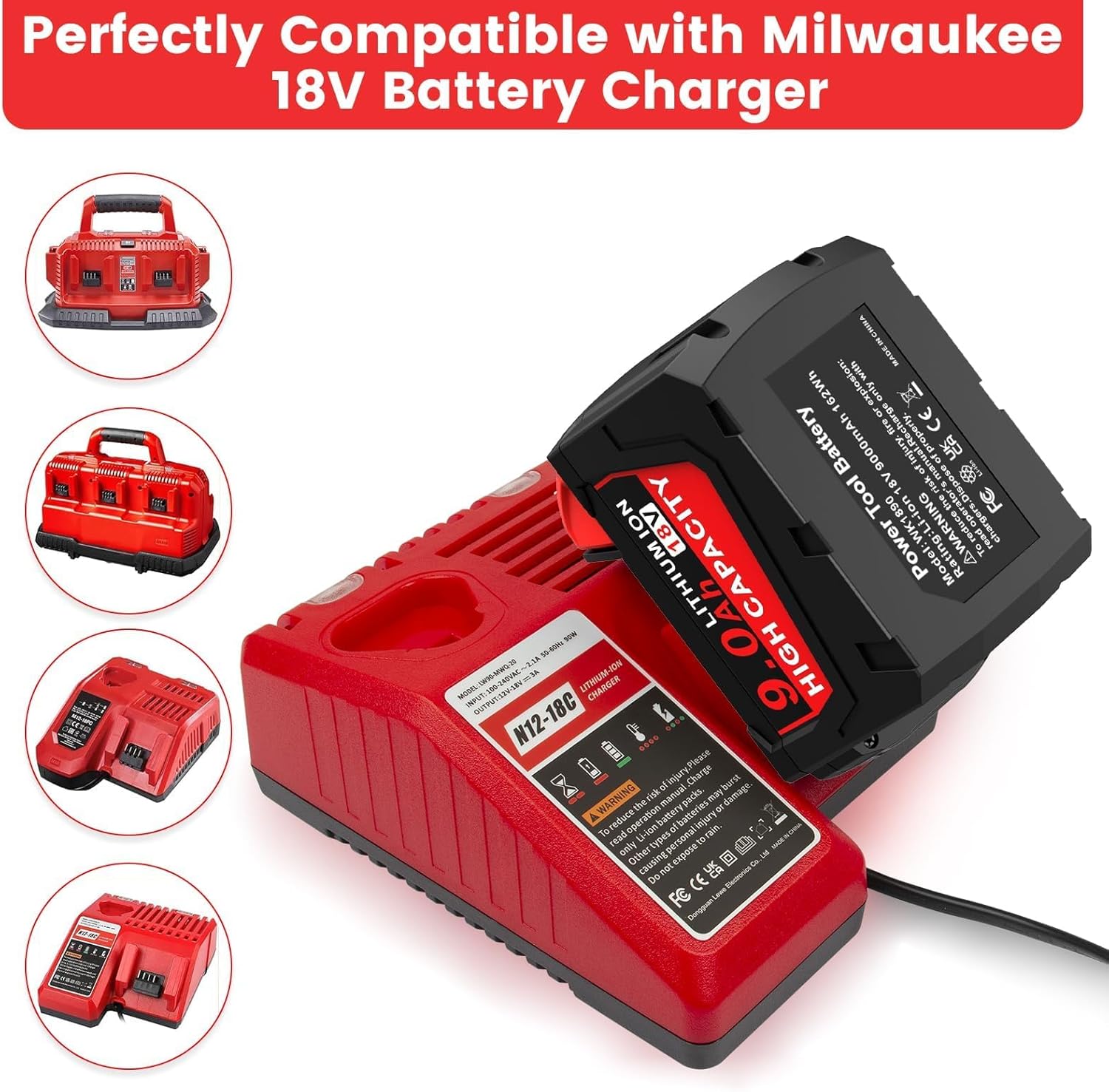 2 Pack 9.0Ah 18V Replace for Milwaukee Mk18 Battery Compatible with 48-11-1850 48-11-1860 48-11-1845 48-11-1828 Cordless Power Tools Lithium Battery
