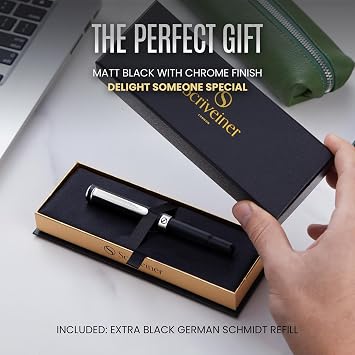 Scriveiner Black Rollerball EDC Luxury Pen, Stunning Pocket Pen with Chrome Finish, bundle with Rollerball Refill Black Medium - 4 Rollerball Refills in one box