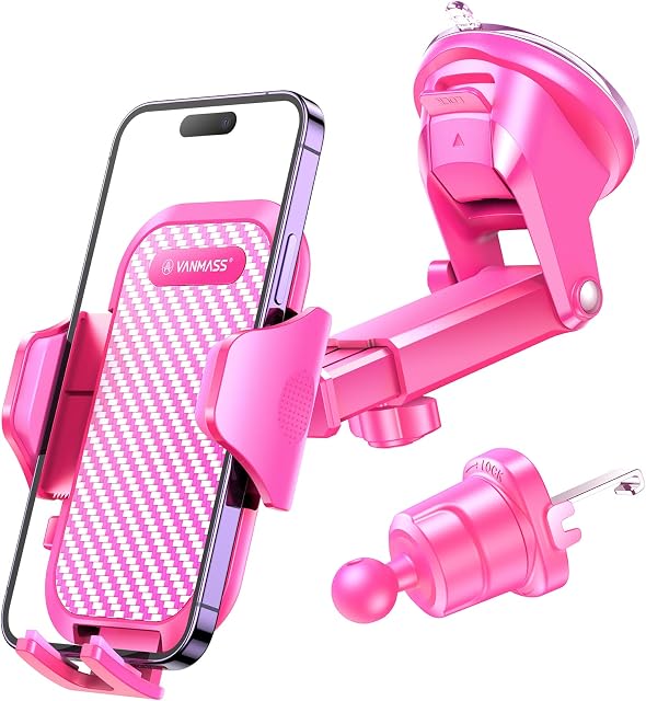 VANMASS Car Phone Holder Mount [2023 Ultimate] Military Suction Retractable Universal Mobile Phone Accessories Automobile Cradle Stand for Dashboard Windscreen Vent Van iPhone 14 13 Pro Max 12, Pink