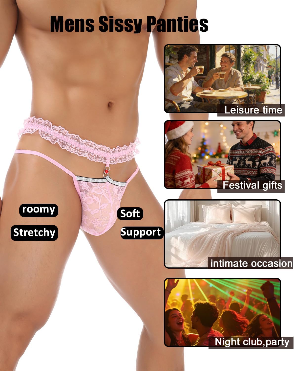 Mens Lace Frilly Sissy Panties Pouch Thong, Feminine G string Underwear For Men Sexy Lingerie