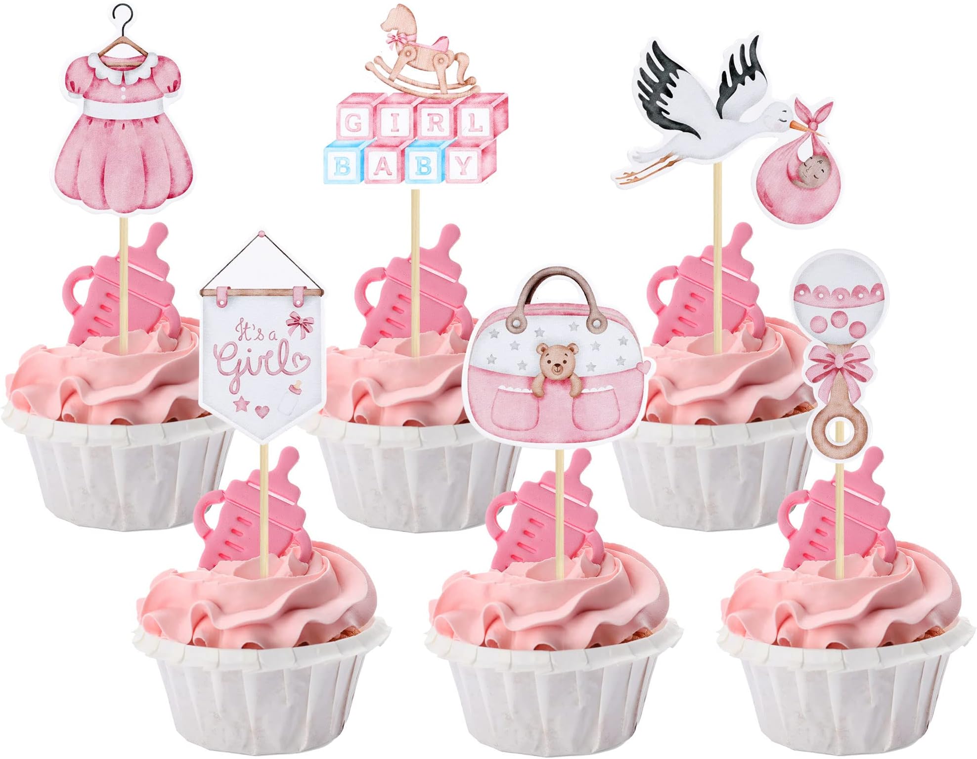 Gyufise 36Pcs Baby Shower Girl Cupcake Toppers Swan Pacifier Cloud Moon Star Baby Girl Cupcake Picks Oh Baby It's a Girl Cake Decorations for Baby Shower Kids Girls Birthday Party Supplies Pink