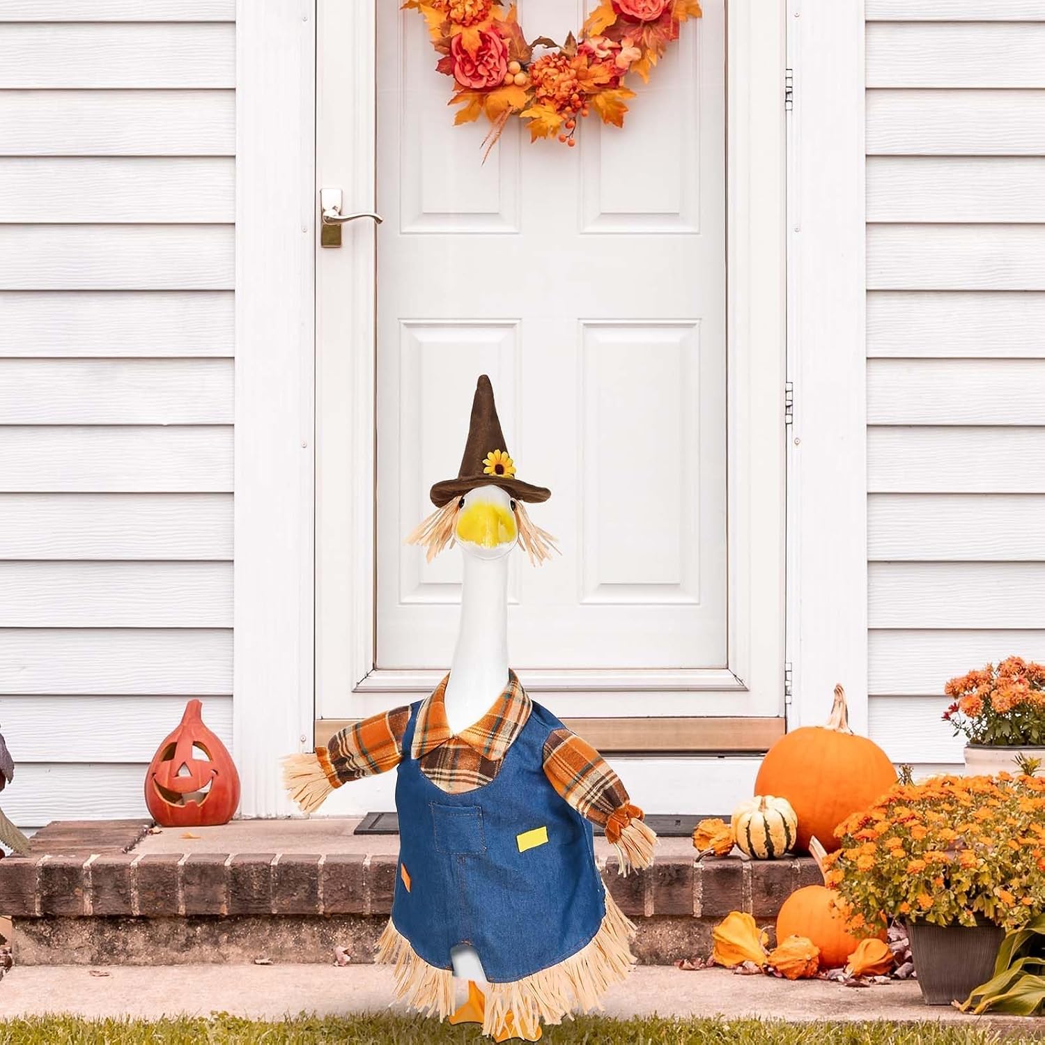 JcHrmers Fall Scarecrow Porch Goose Outfits 23 Inch Cement Goose Statue Clothes for Halloween Outdoor Garden Yard Patio Lawn Decor