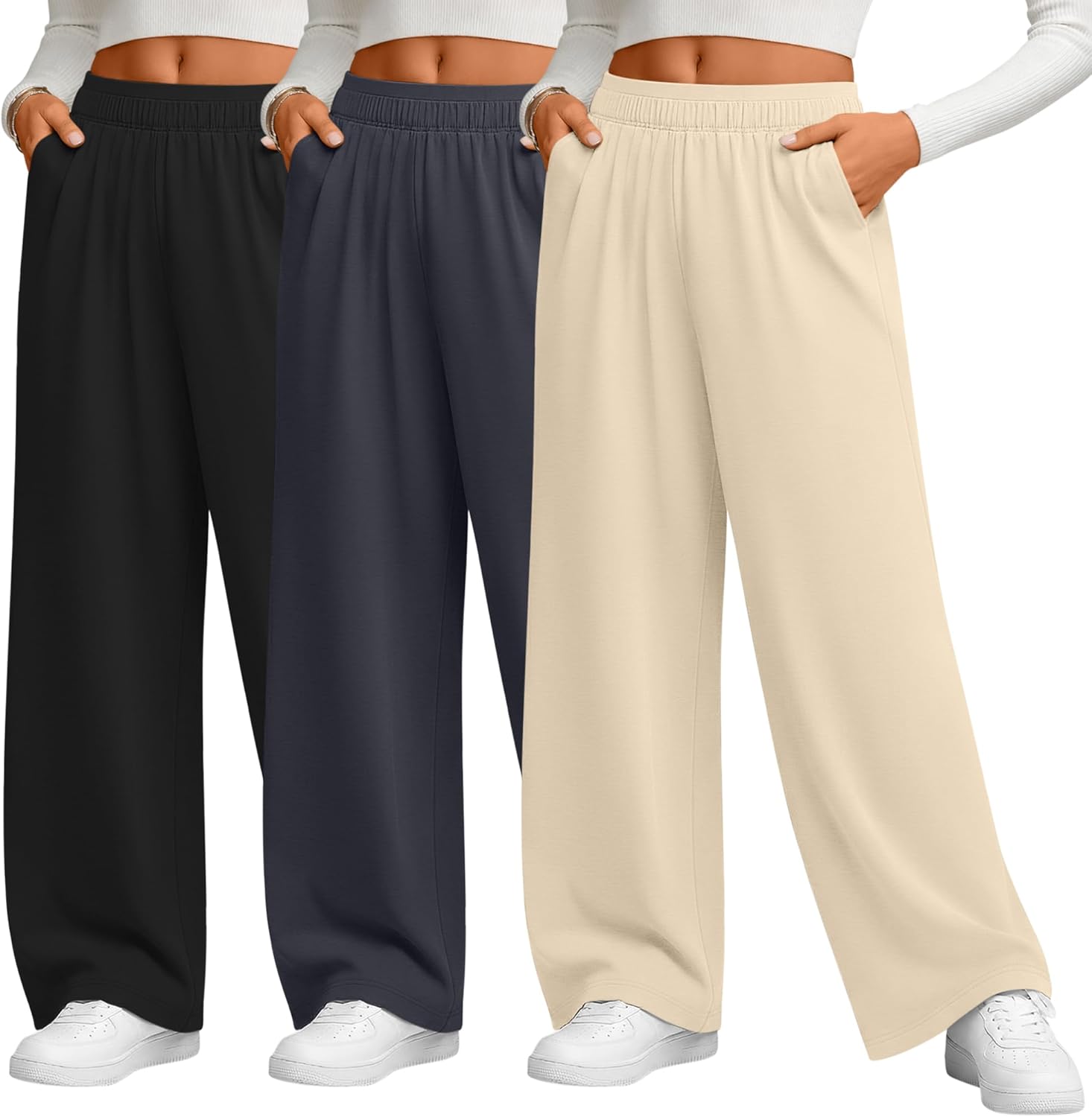 3 Pack Women's Plus Size Wide Leg Pants Baggy Yoga Pajama Pants Elastic Waist Casual Lounge Trousers with Pockets