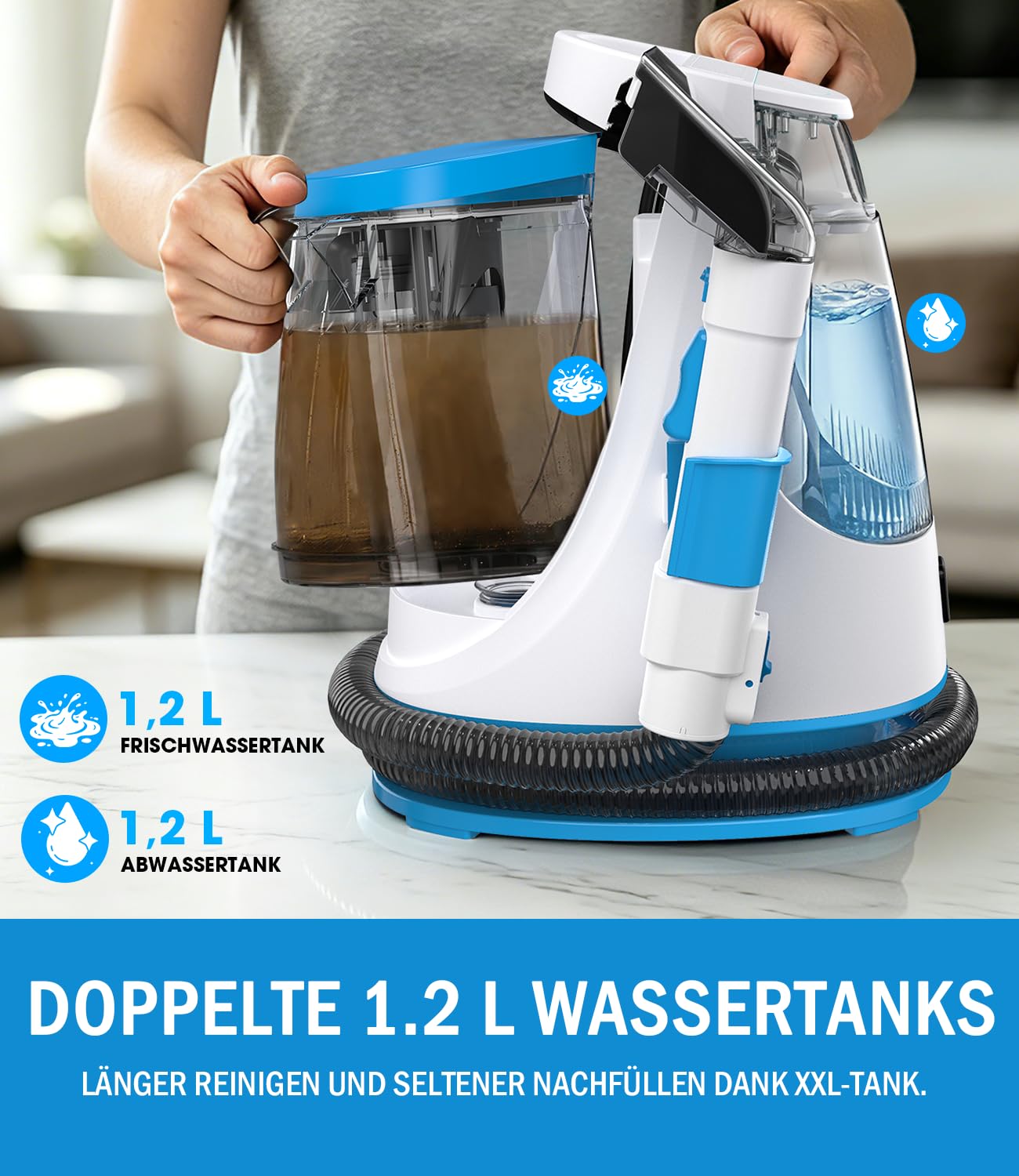 PEXCHO Polsterreiniger Gerät 550W Waschsauger für Teppich, Sofa & Autositze, Teppichreiniger Nasssauger gegen Tierflecken und Gerüche, 18kPa mit Selbstreinigungsfunktion, Zubehör für Waschsauger