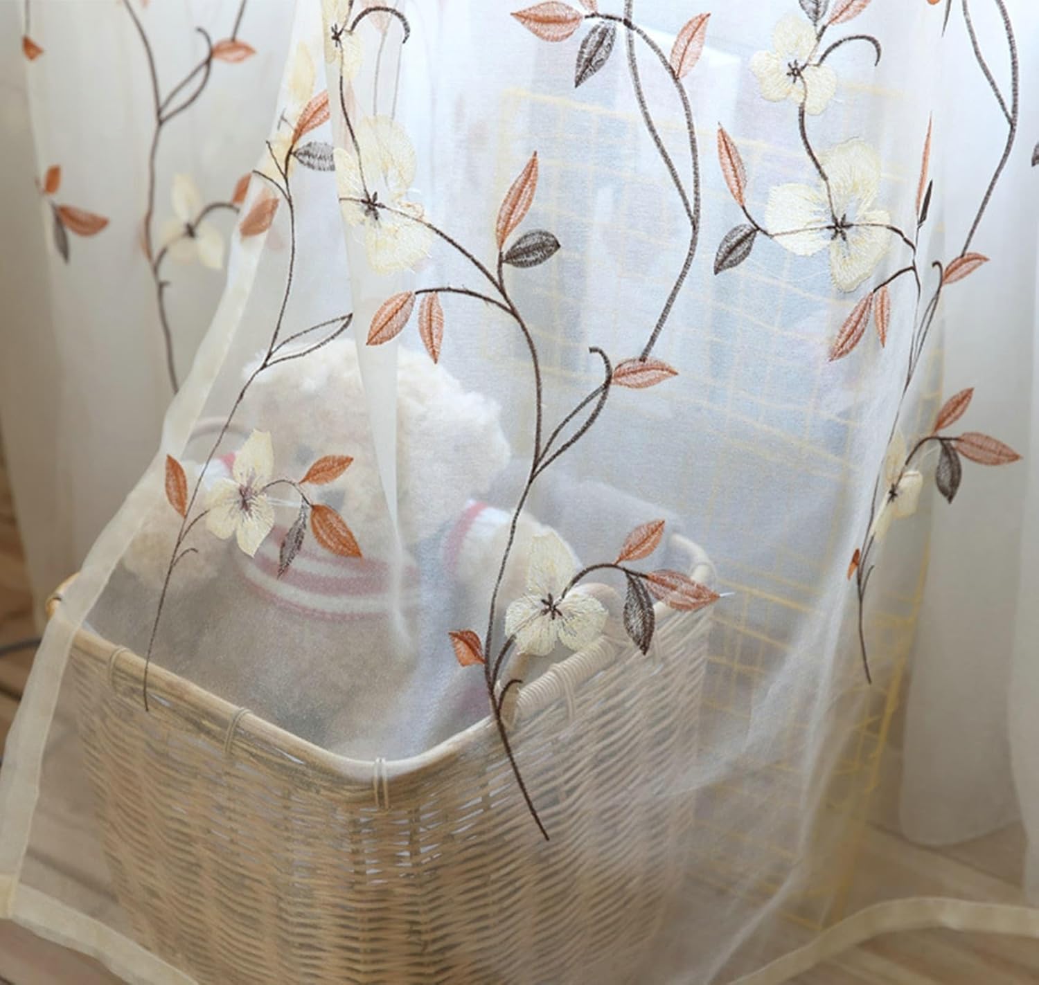 Semi Sheer Curtains 108 Inches Long 2 Panels, Beige Grommet Window Curtains Polyester Flower Embroidered Living Room Sheer Curtains, 54 x 108 Inches