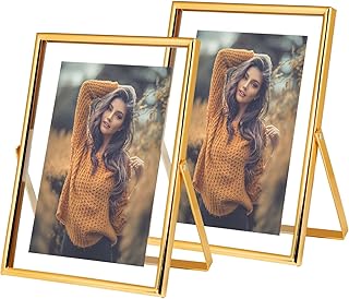 Xinkerco 5x7 Gold Floating Picture Frames (2 Pack), Tabletop Metal Tempered Glass Frames for Picture 4x6, 3x5, Gift for Birthday, Festival, Wedding, Home or Office Decor