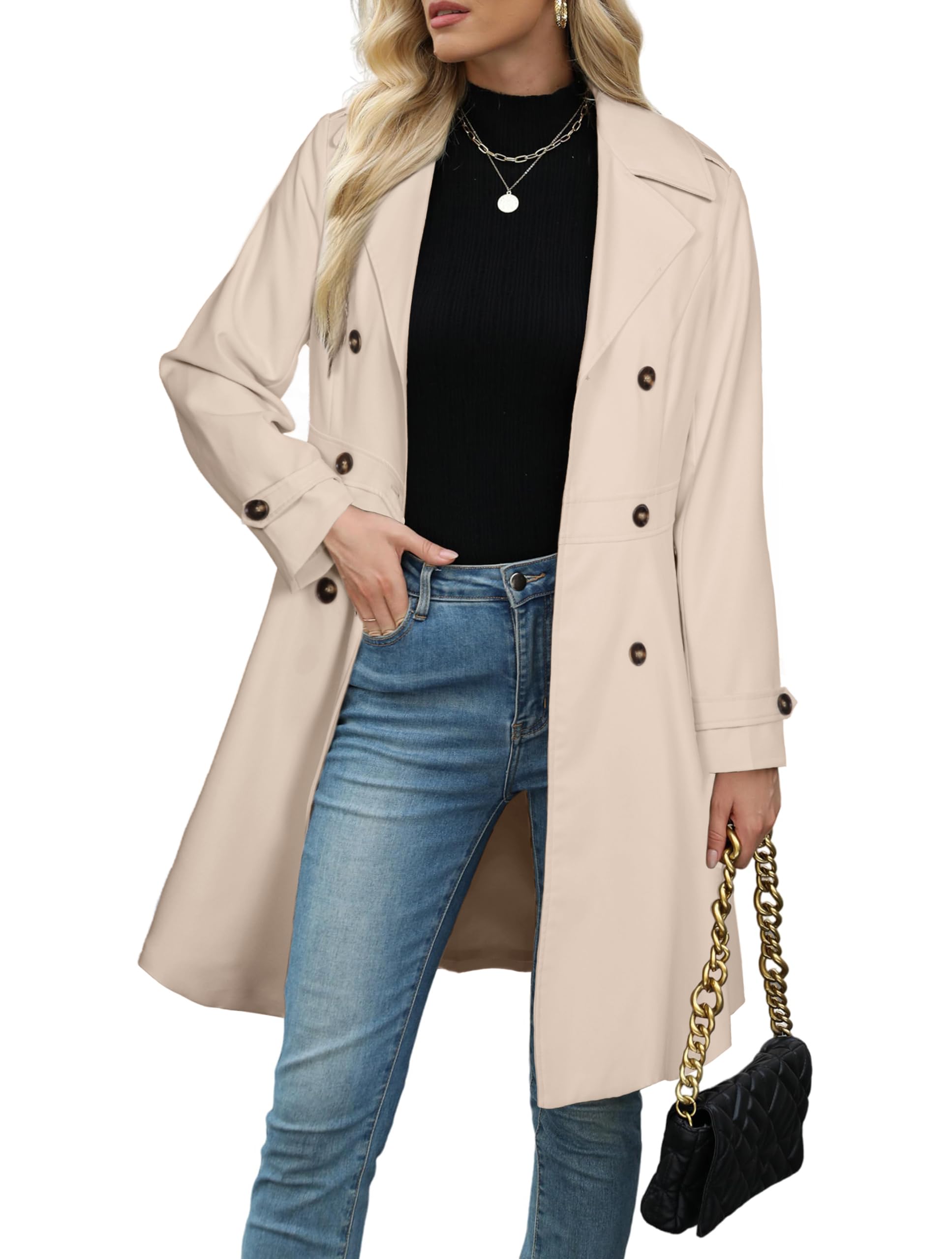 large Simplee Womens Trench Coat Double-Breasted Long Dressy Windbreaker Overcoat Fall Winter Outerwear
