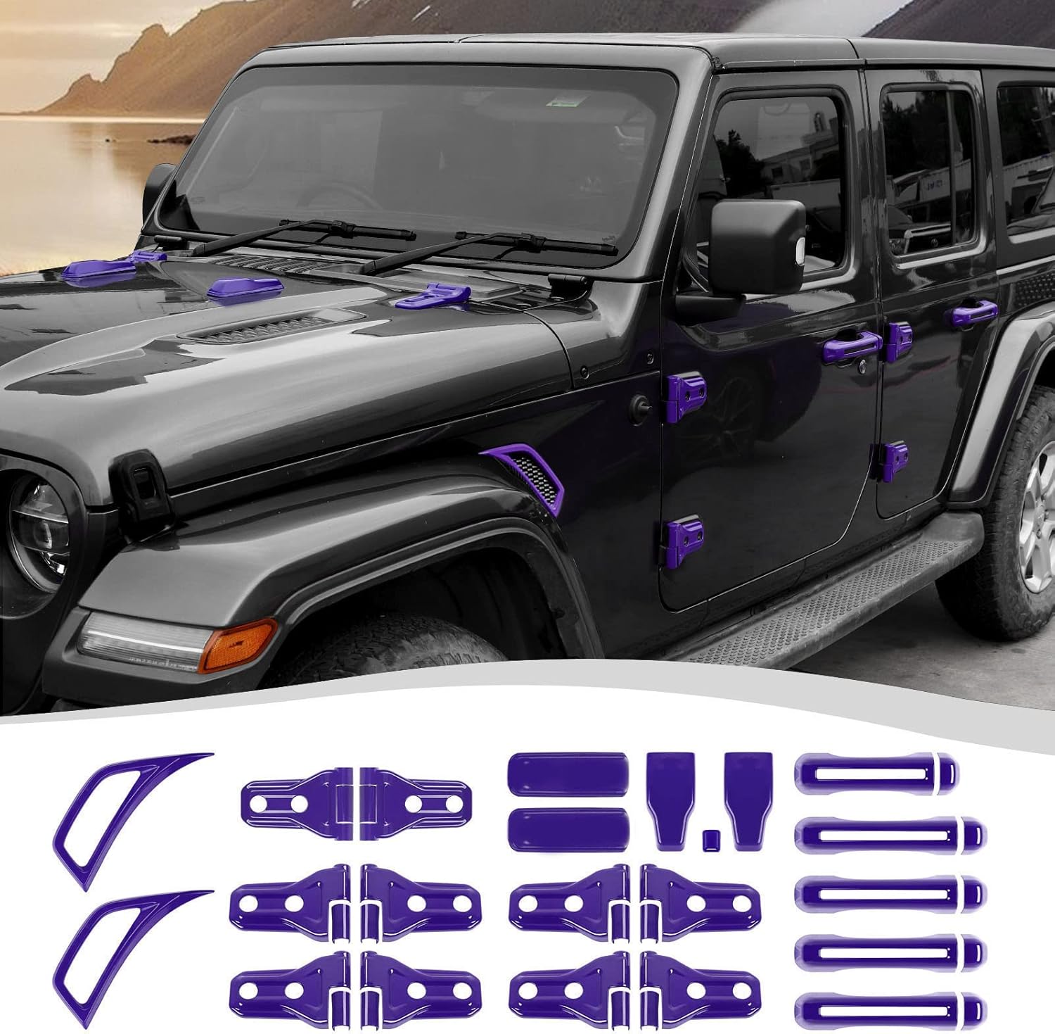 22PCS Full Set Exterior Decoration Trim Kit Fit for 2018-2025 Jeep Wrangler JL JLU 2/4 Doors, Door Hood Engine Hinge Covers Door Handle Side Vent Tailgate Window Hinge Cover(Purple)