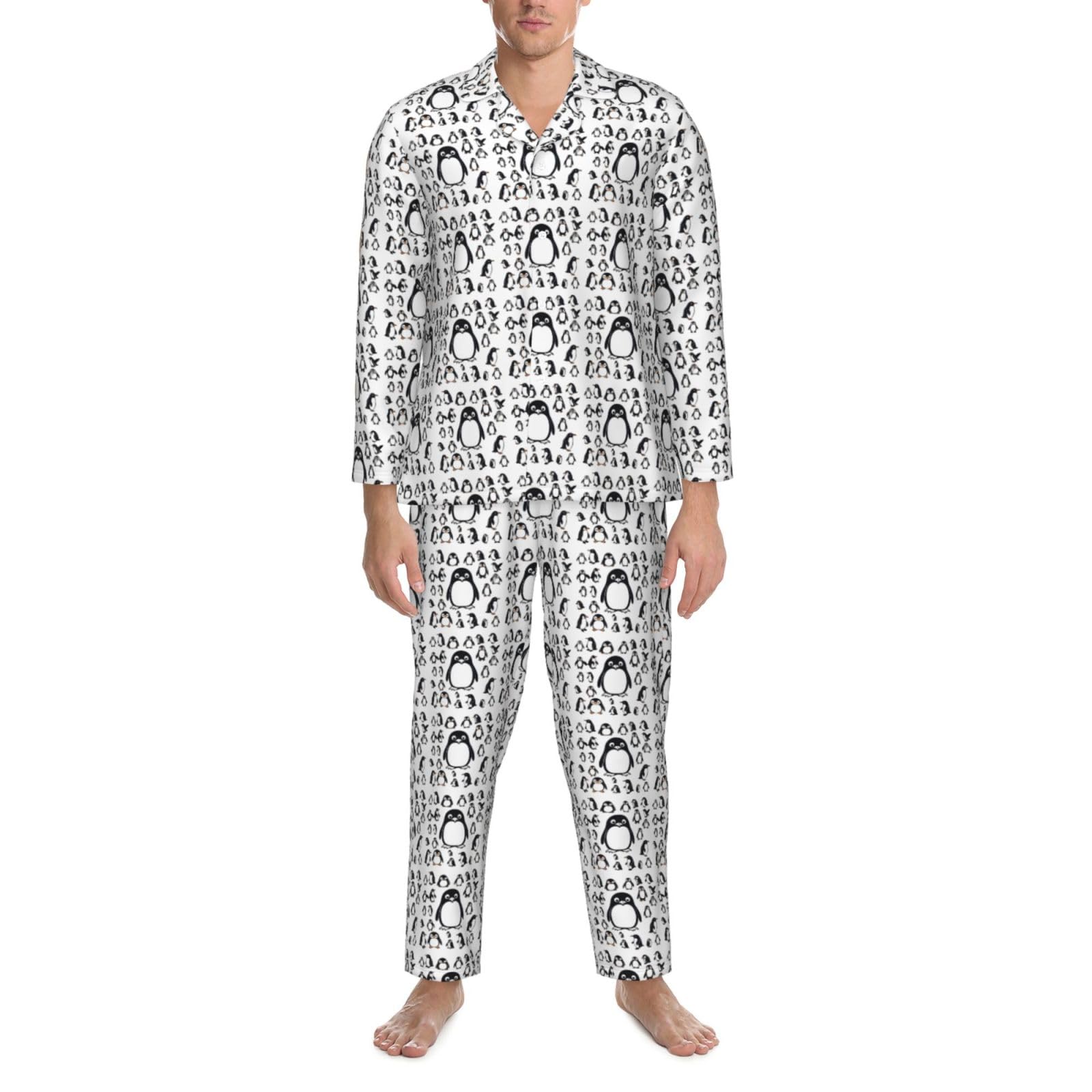 Langärmeliges Pyjama-Set für Herren, niedlicher Pinguin-Druck, zweiteilig, Hauskleidung, bequeme Nachtwäsche