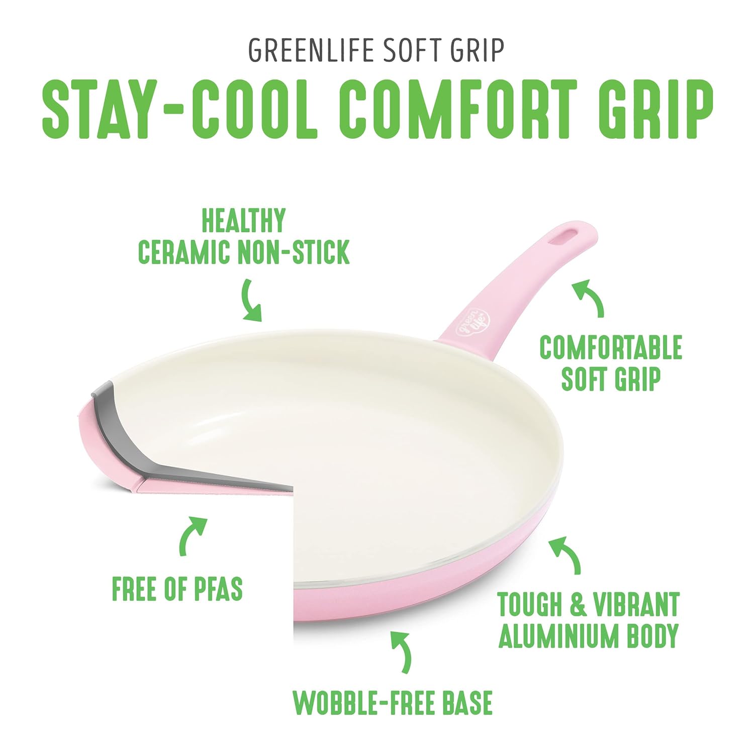 GreenLife Nonstick 8" Frying Pan Skillet, Non-Toxic PFAS-Free Ceramic Nonstick, Dishwasher & Oven Safe, Stay-Cool Handles, Wobble Free, Pink