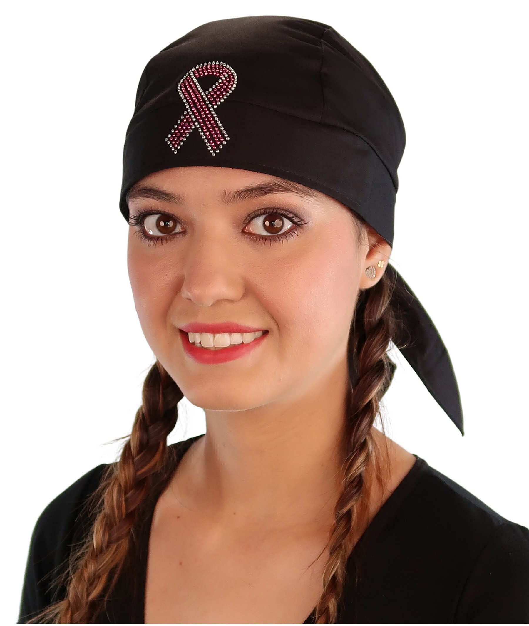 Embellished Black Skull Cap with Pink Ribbon Rhinestud - American Made Classic Skull Caps - Doo Rags Do