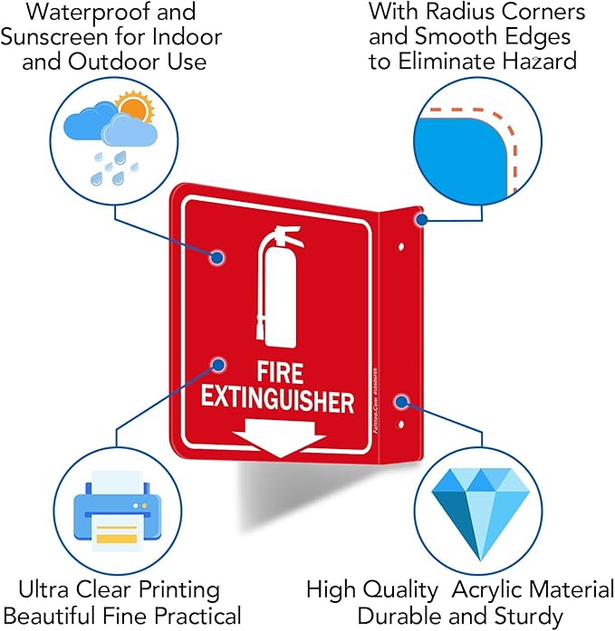 Faittoo Fire Extinguisher Sign, 2 Pack Fire Extinguisher with Down Arrow - 6 x 6 Inches Acrylic Plastic, 2 Pre-Drilled Holes, Includes Matching Screws, Use for Home Office/Business