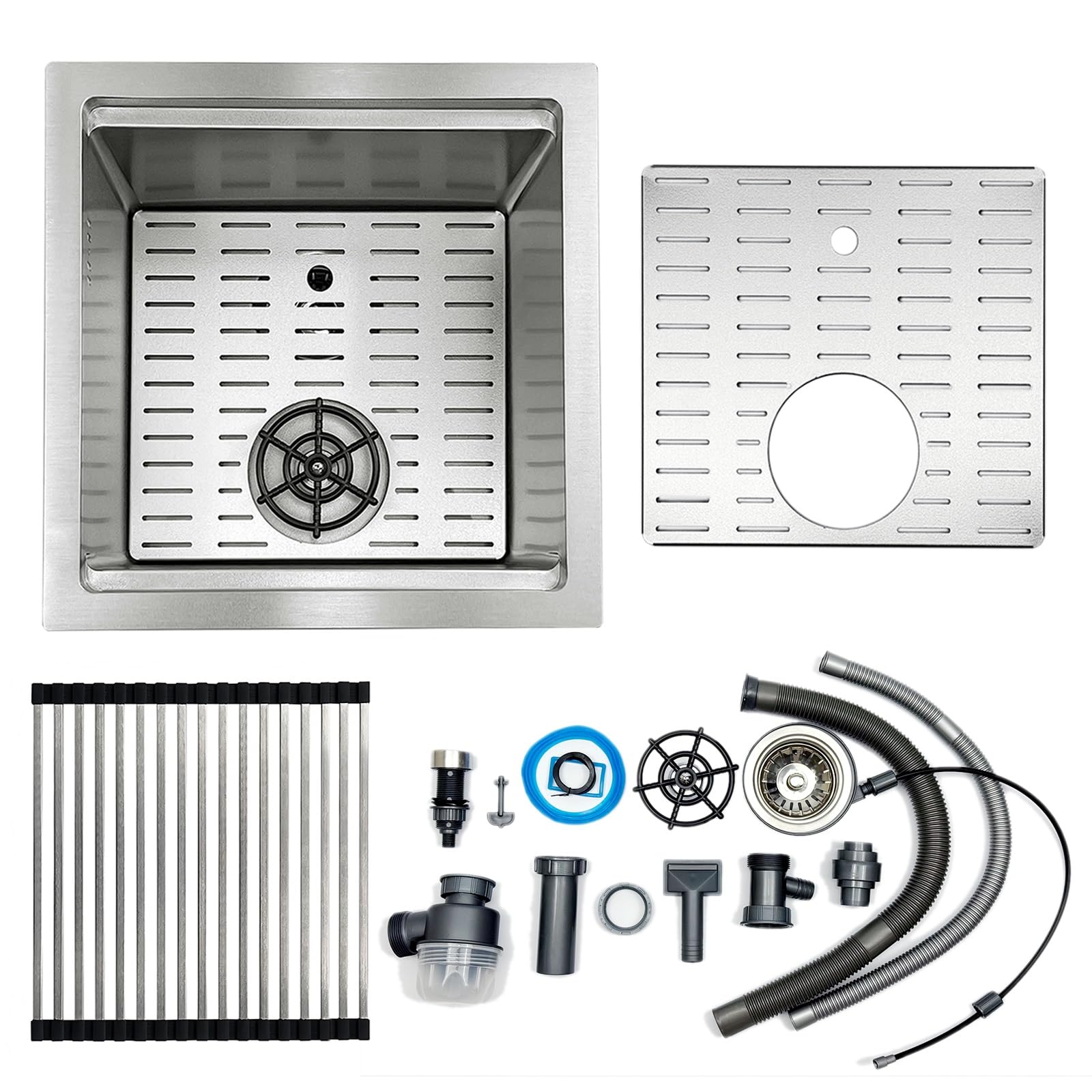 WIQUYBML Stainless Steel Glass Rinser Bar Sink, Single Bowl Countertop Sink with Cup Washer, Drain Knob, Waste Pipe, Home Prep for Pub, RV, Drop-in/Undermount Workstation Sink(45x45x22cm)
