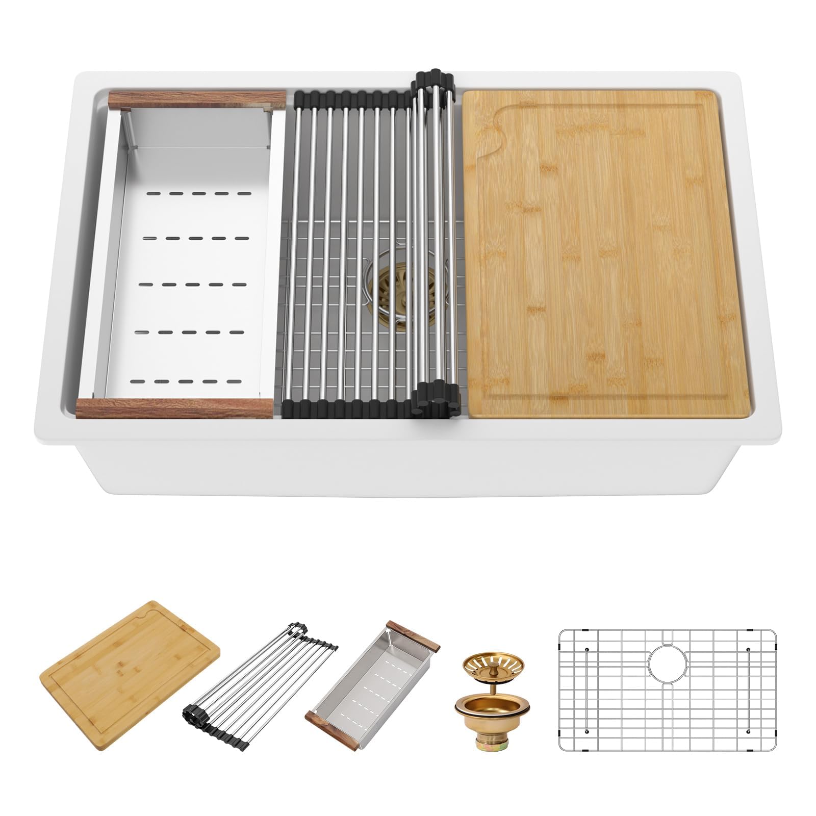 Fregadero de cocina de granito de 30 x 19 pulgadas cubeta profunda cuarzo blanco