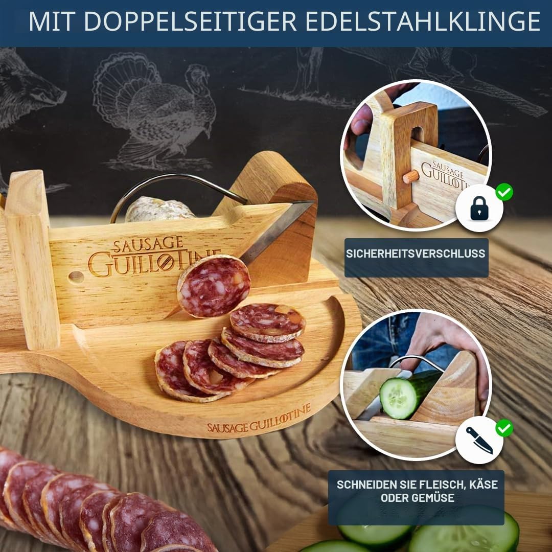 mikamax, Wurstschneider Guillotine für Zuhause, schnelle und gleichmäßige Wurstscheiben, scharfe Messer, aus massivem Holz, Holzfarbe, Guillotine, Currywurstschneider