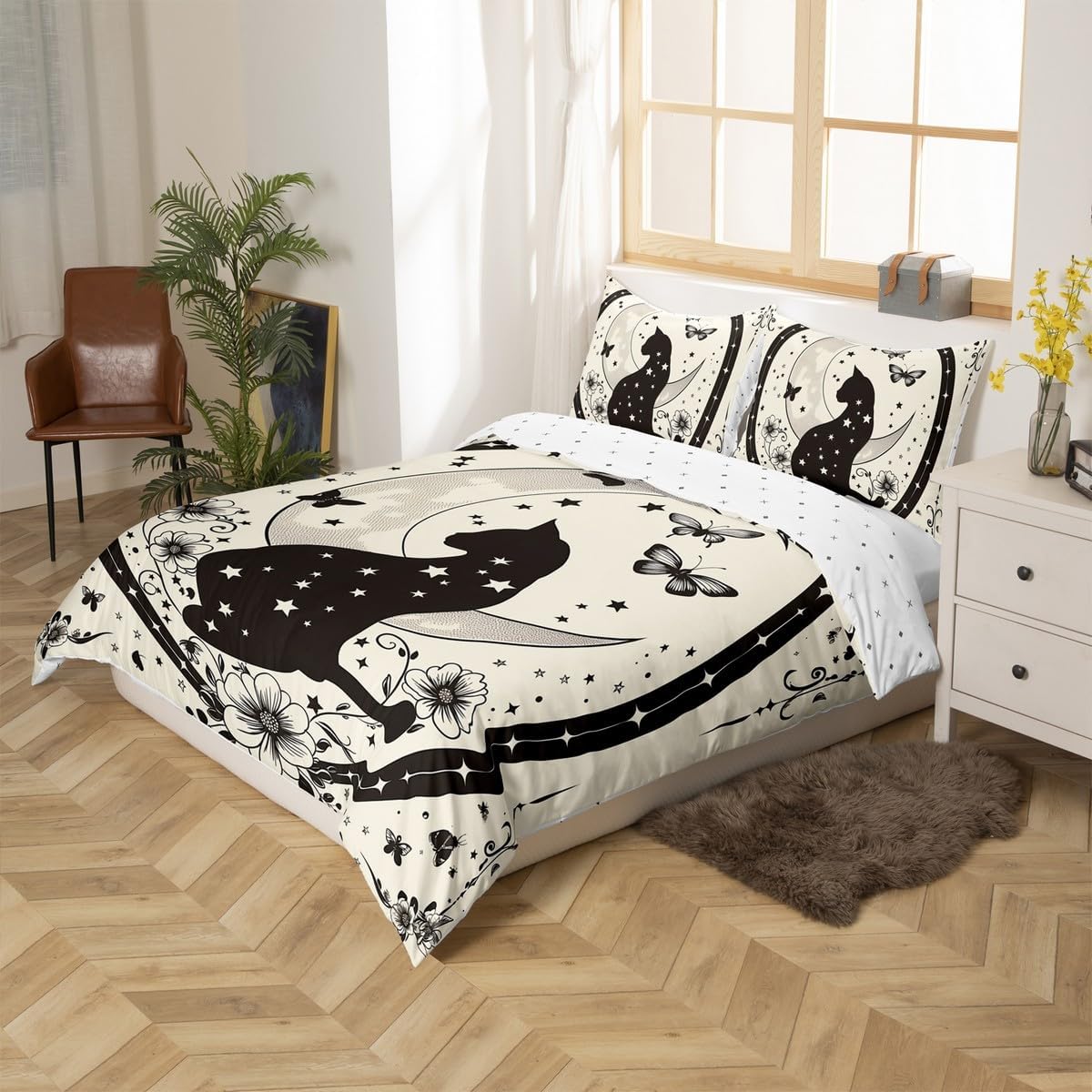 Black Cat Duvet Cover Set Toddler Size,Starry Sky Sketch Flowers Butterfly Bedding Set,Boys Girls Room Decor,Cartoon Cute Animal Pet Rustic Comforter Cover,Beige Quilt Cover,1 Pillowcase(No Filler)