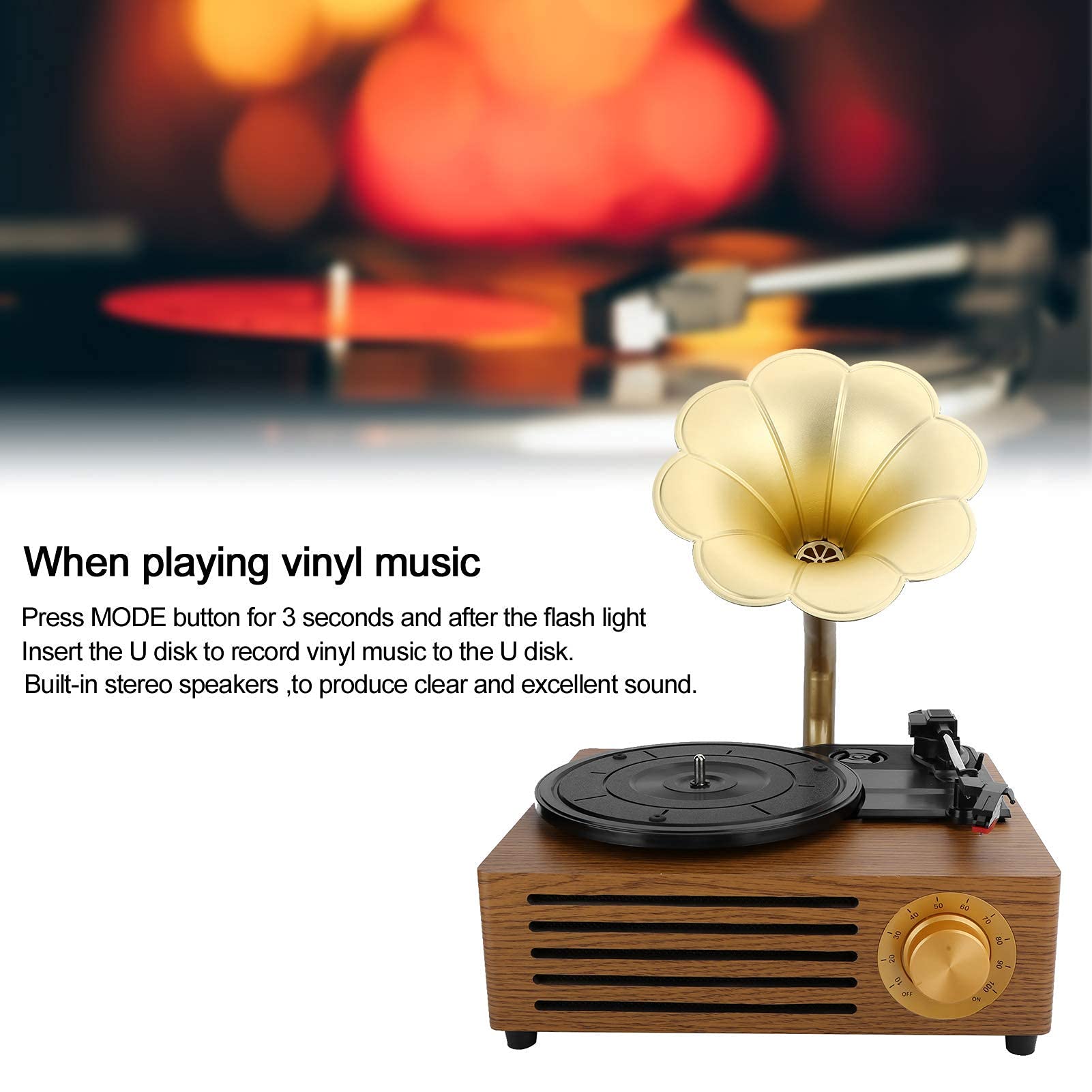 Giradischi in Vinile, Giradischi Vintage con Bluetooth, 33/45/78 Giri, Supporto USB/Scheda di Memoria, Dischi in Vinile da 7/10/12 Pollici