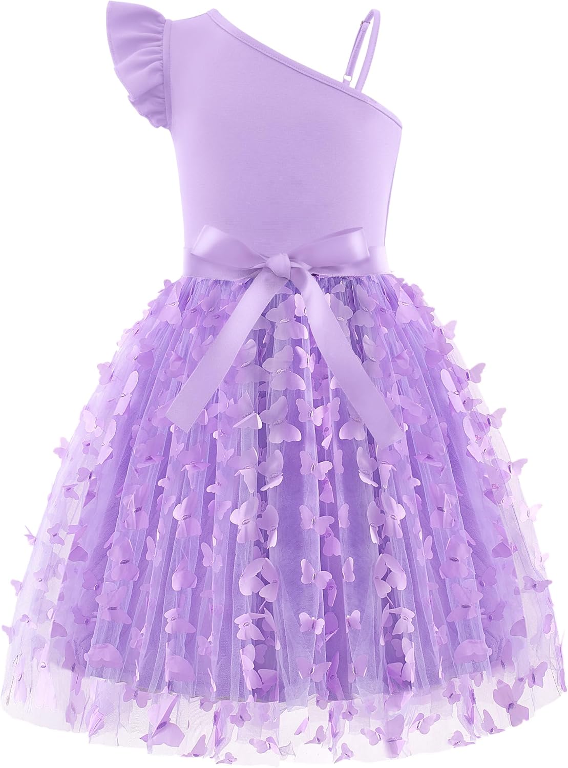 Arshiner Girls Dresses Summer One Shoulder Ruffle Sleeveless Formal Fancy Party Birthday Tulle Dress with Belted