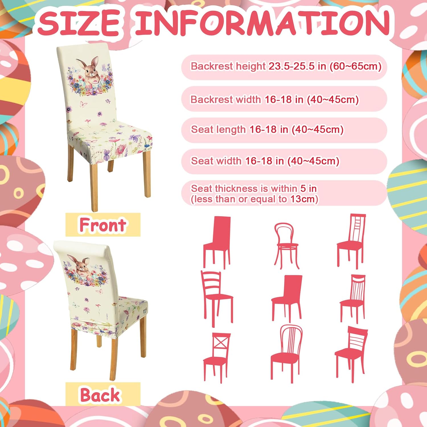 Hosuly 6 Pcs Easter Chair Covers Print Bunny Egg Flower Removable Seat Covers for Home Easter Spring Restaurant Decor or Hotel Restaurant Party Banquet