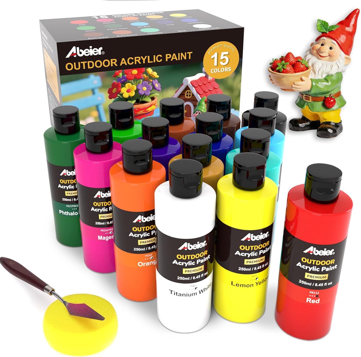 ABEIER Outdoor Acrylic Paint Set, 15 Vibrant Colors (8.45oz/250ml Large Bottles), Waterproof & UV Resistant Outdoor Paint for Rocks, Wood, Walls, Garden Statues, Professional Bulk Art Supplies