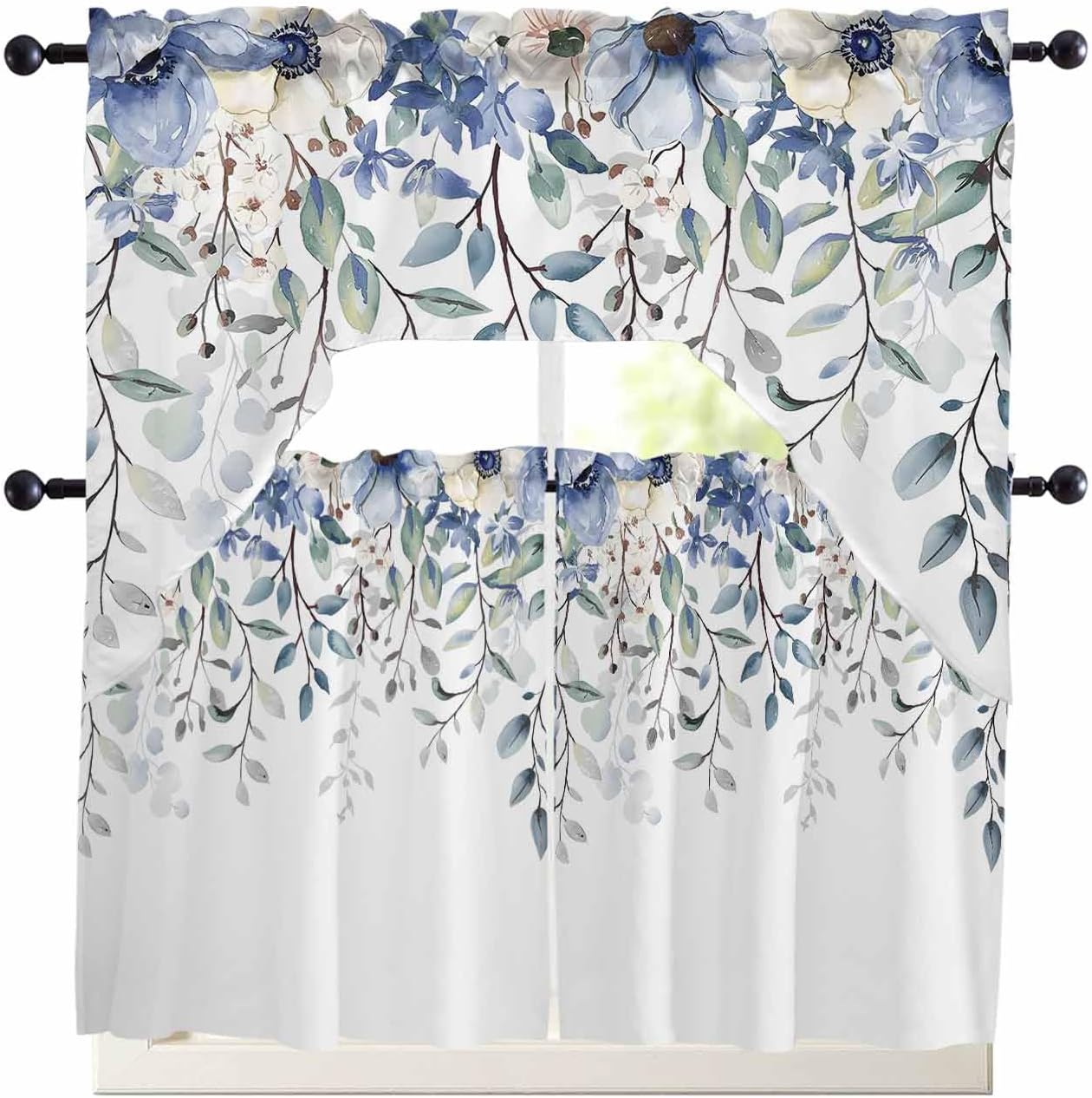 Kitchen Curtains Sets 36 Inch Length with Valance, Eucalyptus Leaves Blue Flowers Tulips Swag Valances for Windows and Tiers Curtain Set, Light Filtering Rod Pocket Drapes for Living Room, Cafes