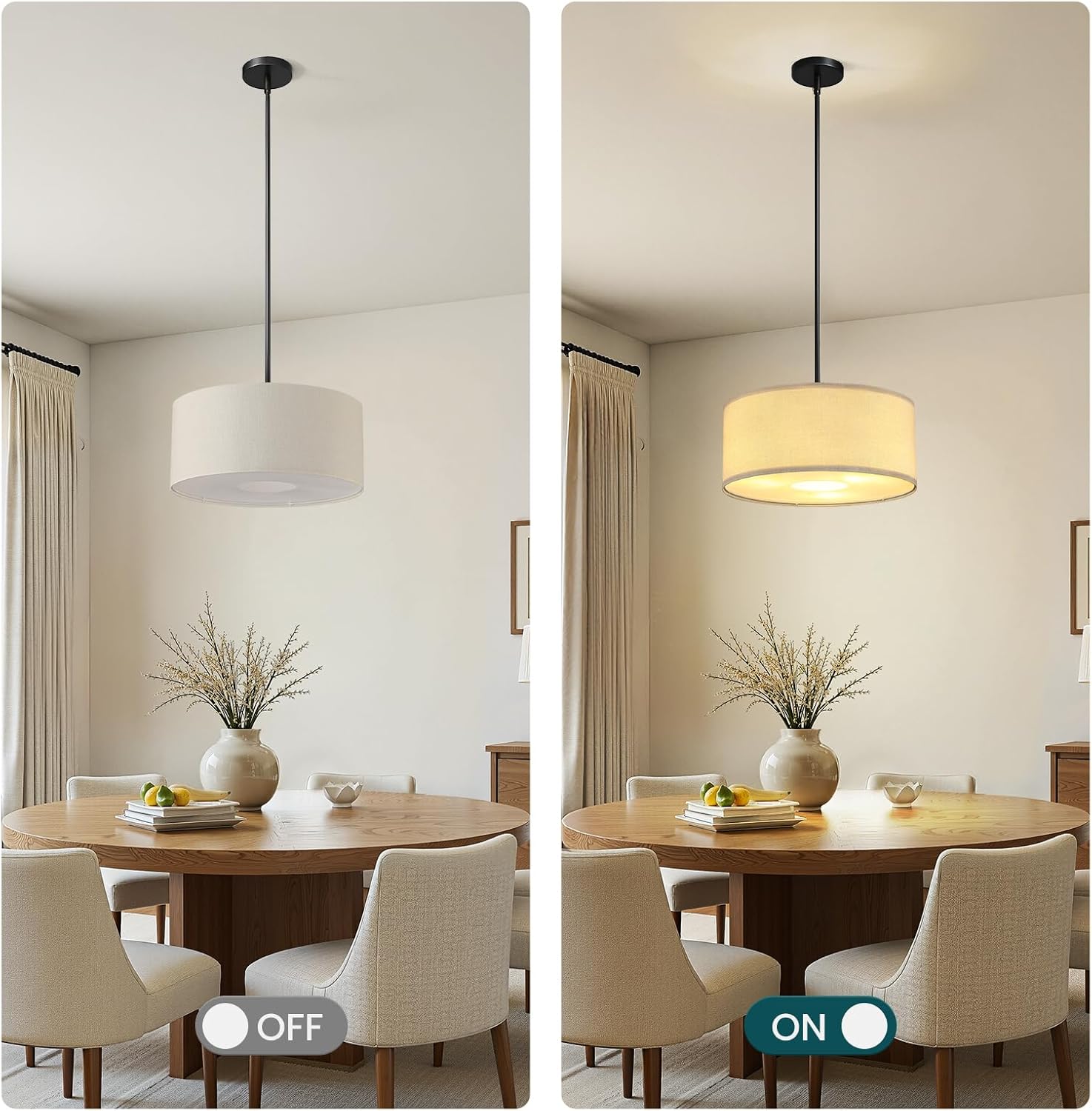 16'' Modern Chandelier, 3-Light Drum Chandelier with Classic Fabric Linen Shade, Farmhouse Adjustable Pendant Light Fixture for Dining Room, Bedroom, and Kitchen