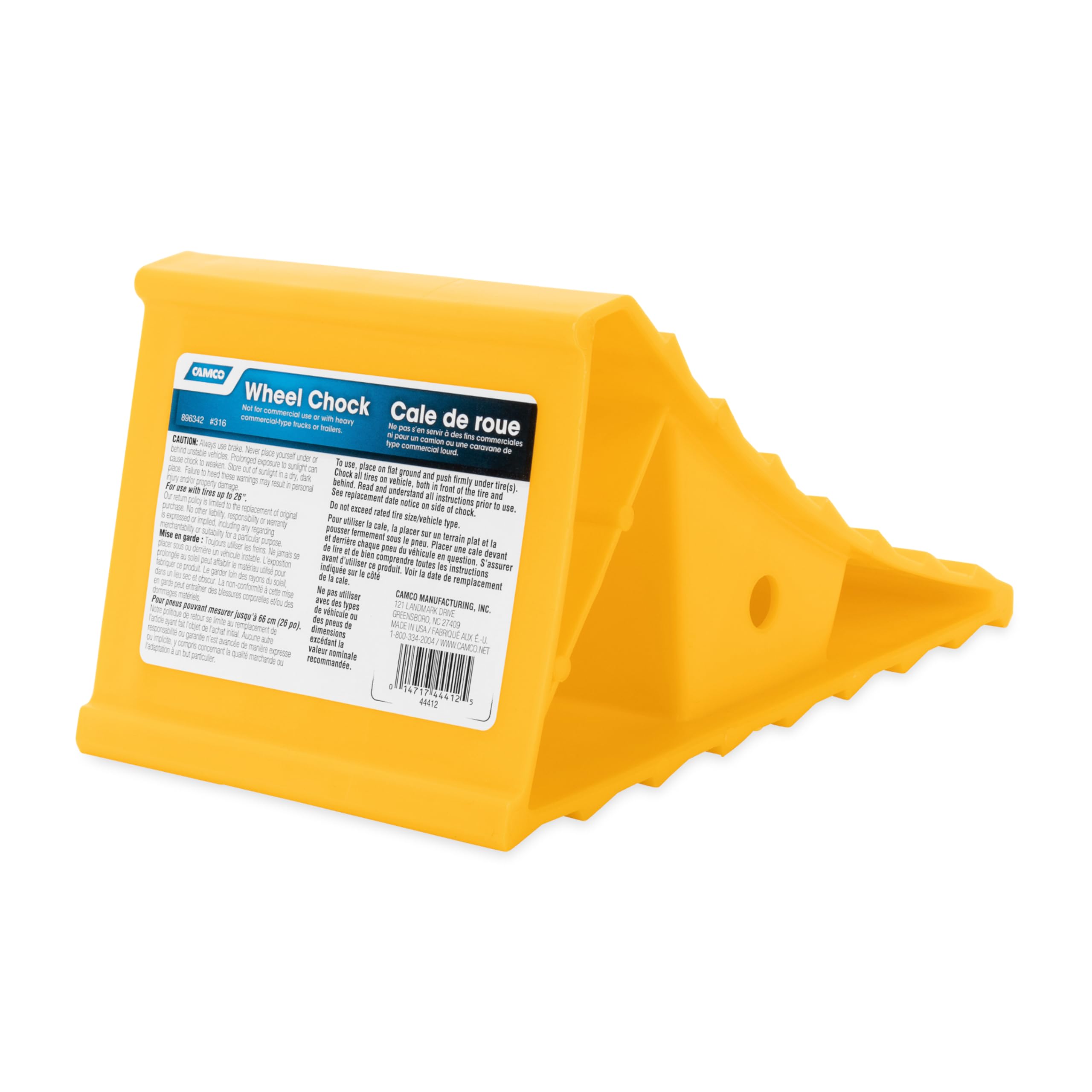 Camco Standard Wheel Chock for Trailers & RVs - Heavy Duty Trailer Wheel Chock Constructed of Durable Plastic w/UV inhibitors - for Use w/Tires Up to 26-inches - Re-Hitch in Confidence - 44412