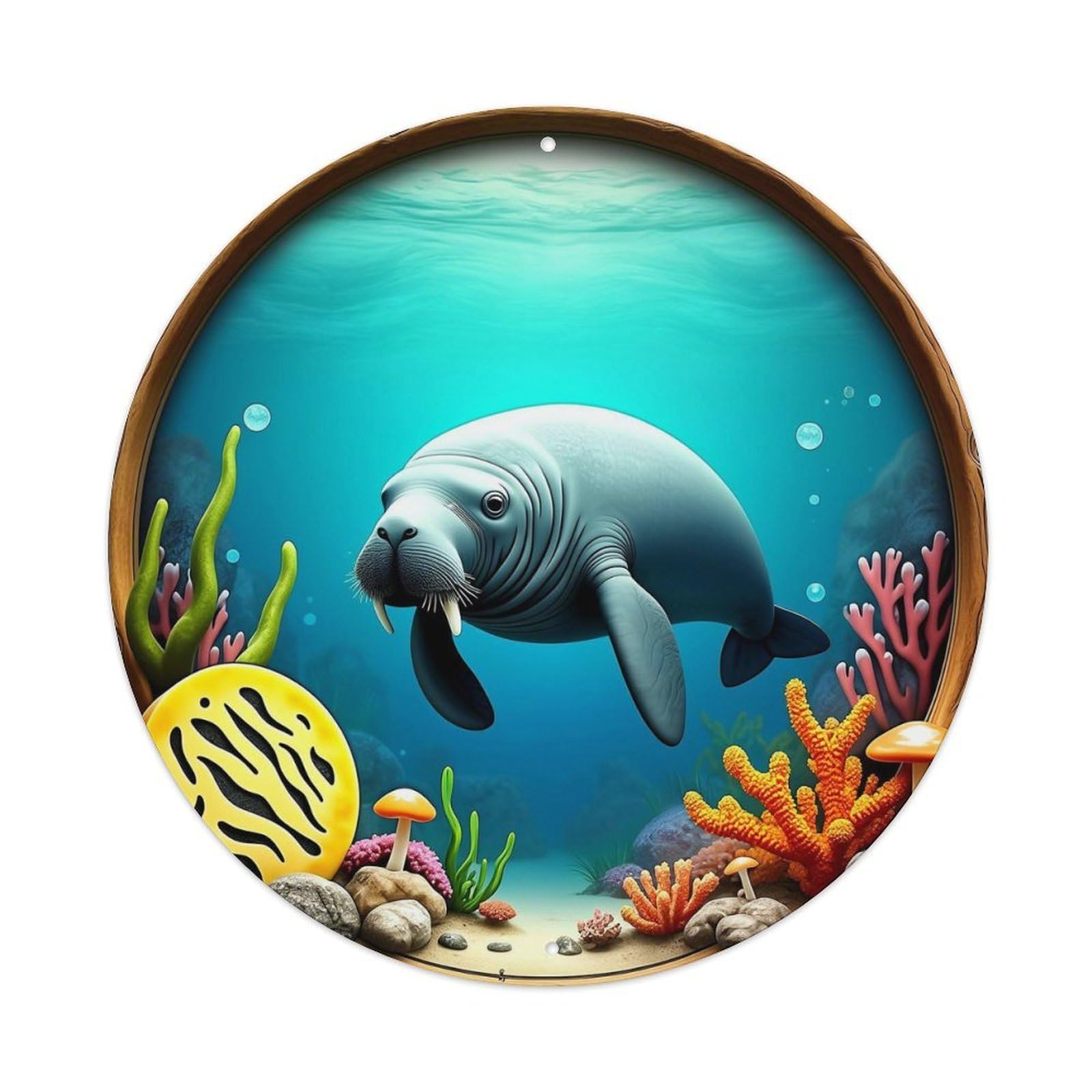 Manatee Coral Reef Underwater Scene Vintage Round Tin Sign Retro Metal Wall Decor Metal Poster, Home Bar Garage Cafe Wall Art Decoration 8x8Inches