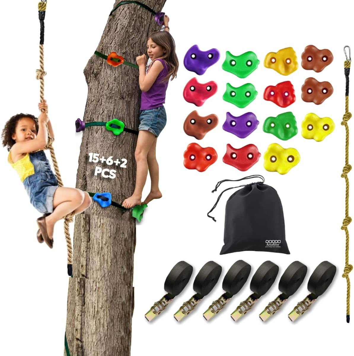 Junior Ninja Tree Climbers Climing Holds for Trees, 15 Climbing Rocks with 6 Ratchet and Straps Climbing with Kids Tree Climbing Rope, Ninja Warrior Obstacle Course Outdoor